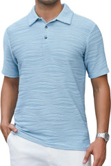 Alex Vando Mens Jacquard Kint Polo Shirts Short Sleeve Vintage Regular Fit Texture Knitted Polo Shirts with Collar