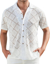 Alex Vando Men's Summer Lace Shirts Short Sleeve See Through Sheer Shirts Hollow Out Casual Button Down Beach Shirts