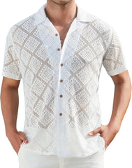 Alex Vando Men's Summer Lace Shirts Short Sleeve See Through Sheer Shirts Hollow Out Casual Button Down Beach Shirts