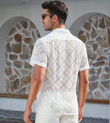 Alex Vando Men's Summer Lace Shirts Short Sleeve See Through Sheer Shirts Hollow Out Casual Button Down Beach Shirts