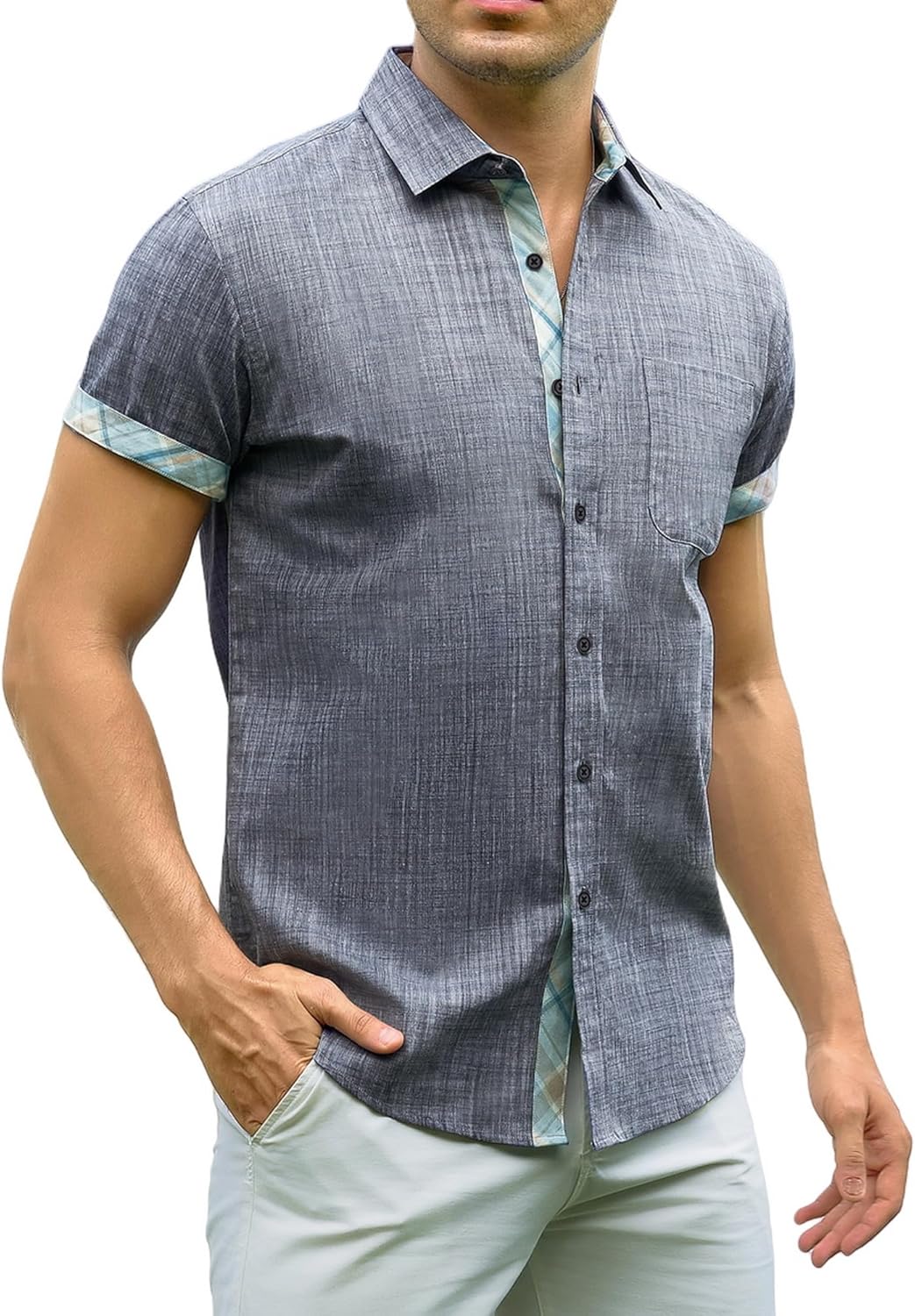 Alex Vando Mens Dress Shirts 4-Way Stretch Wrinkle Free Regular Fit Short Sleeve Men Button Down Shirt