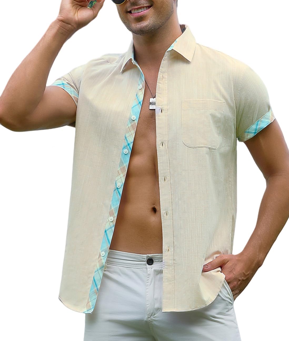 Alex Vando Mens Dress Shirts 4-Way Stretch Wrinkle Free Regular Fit Short Sleeve Men Button Down Shirt