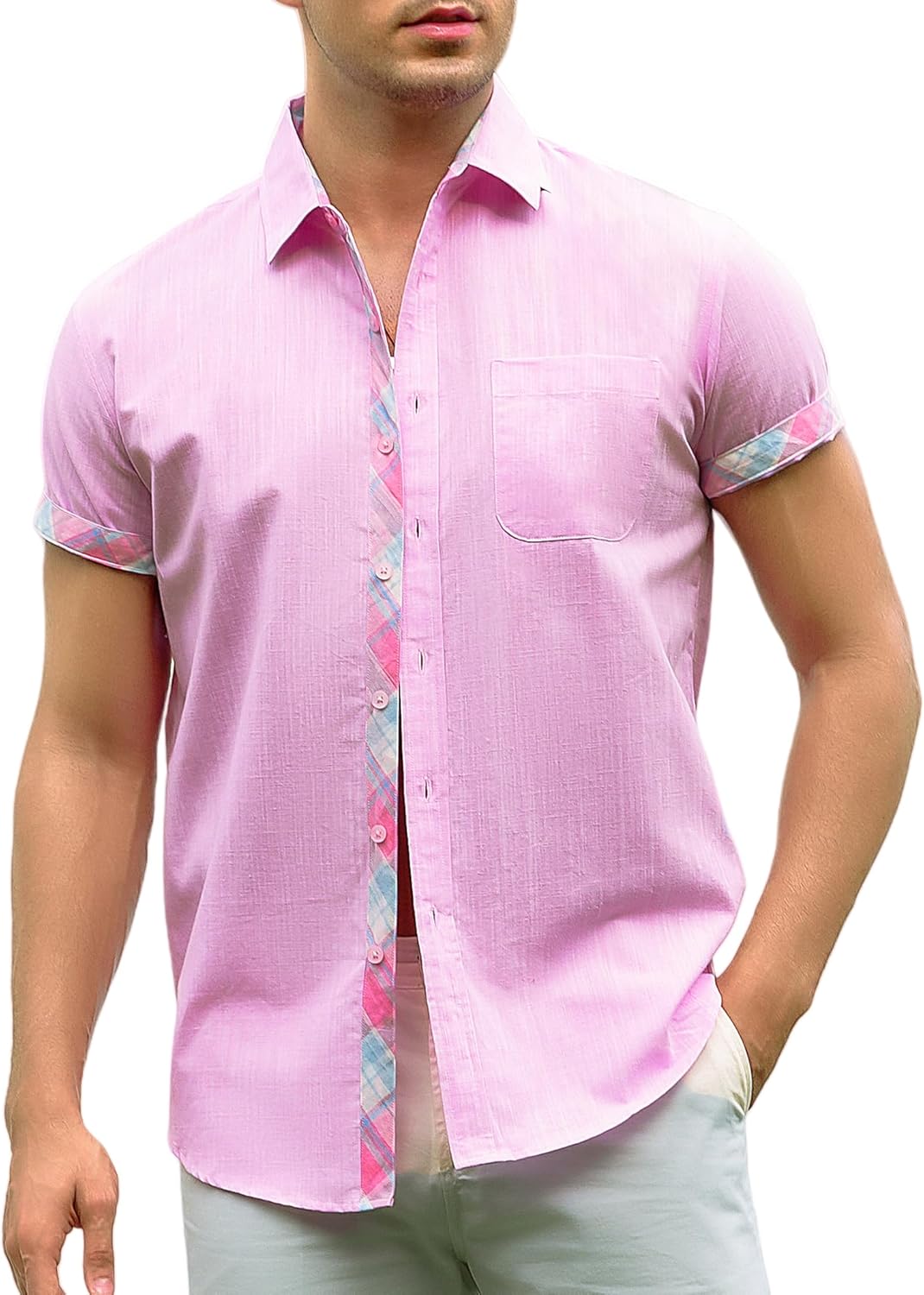 Alex Vando Mens Dress Shirts 4-Way Stretch Wrinkle Free Regular Fit Short Sleeve Men Button Down Shirt