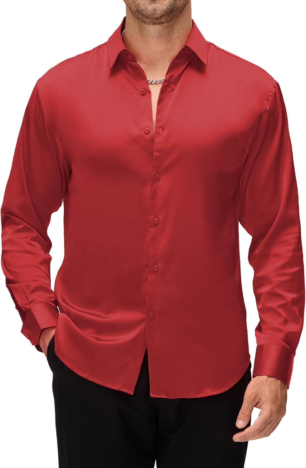 Alex Vando Mens Luxury Satin Dress Shirt Long Sleeve Silk Shiny Sateen Party Shirt