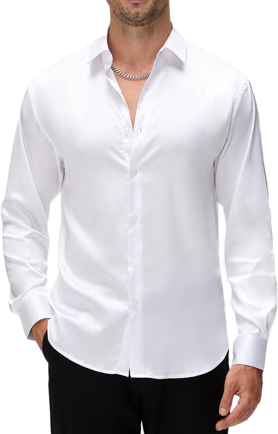 Alex Vando Mens Luxury Satin Dress Shirt Long Sleeve Silk Shiny Sateen Party Shirt