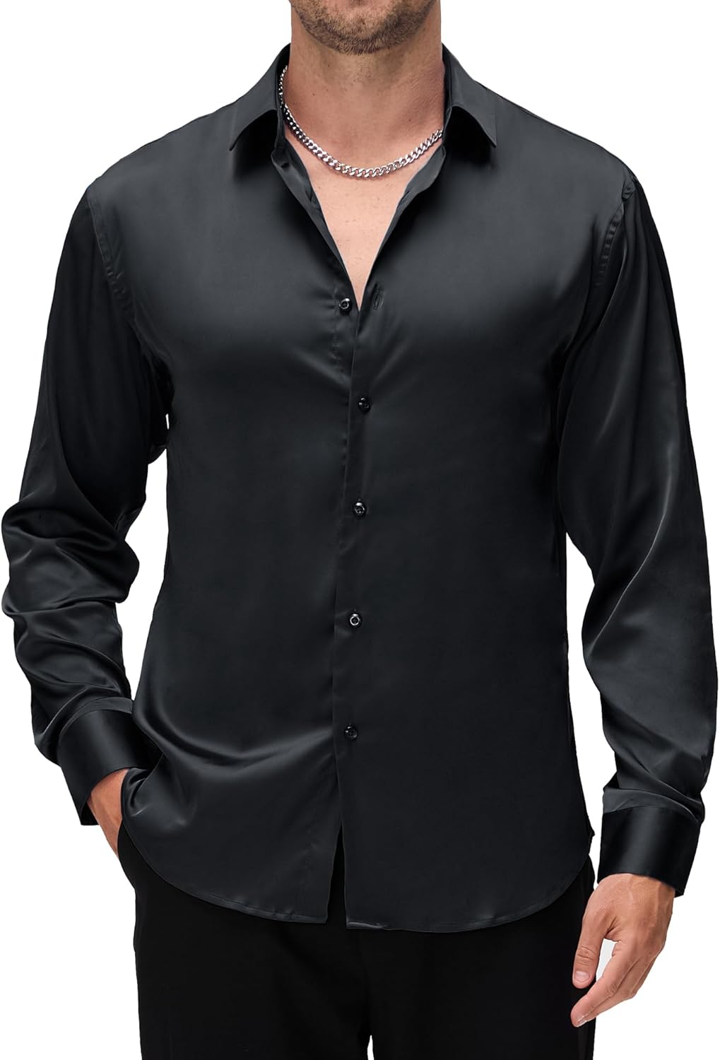 Alex Vando Mens Luxury Satin Dress Shirt Long Sleeve Silk Shiny Sateen Party Shirt