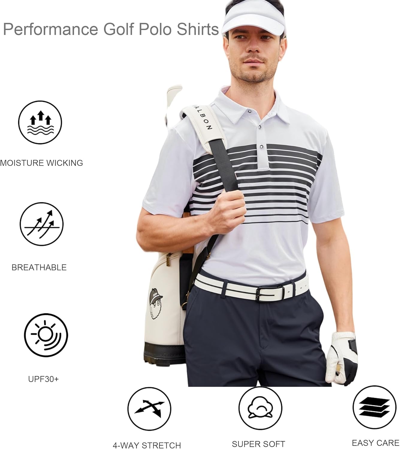 Alex Vando Mens Striped Golf Shirt Moisture Wicking Quick-dry Sports Polo Shirts