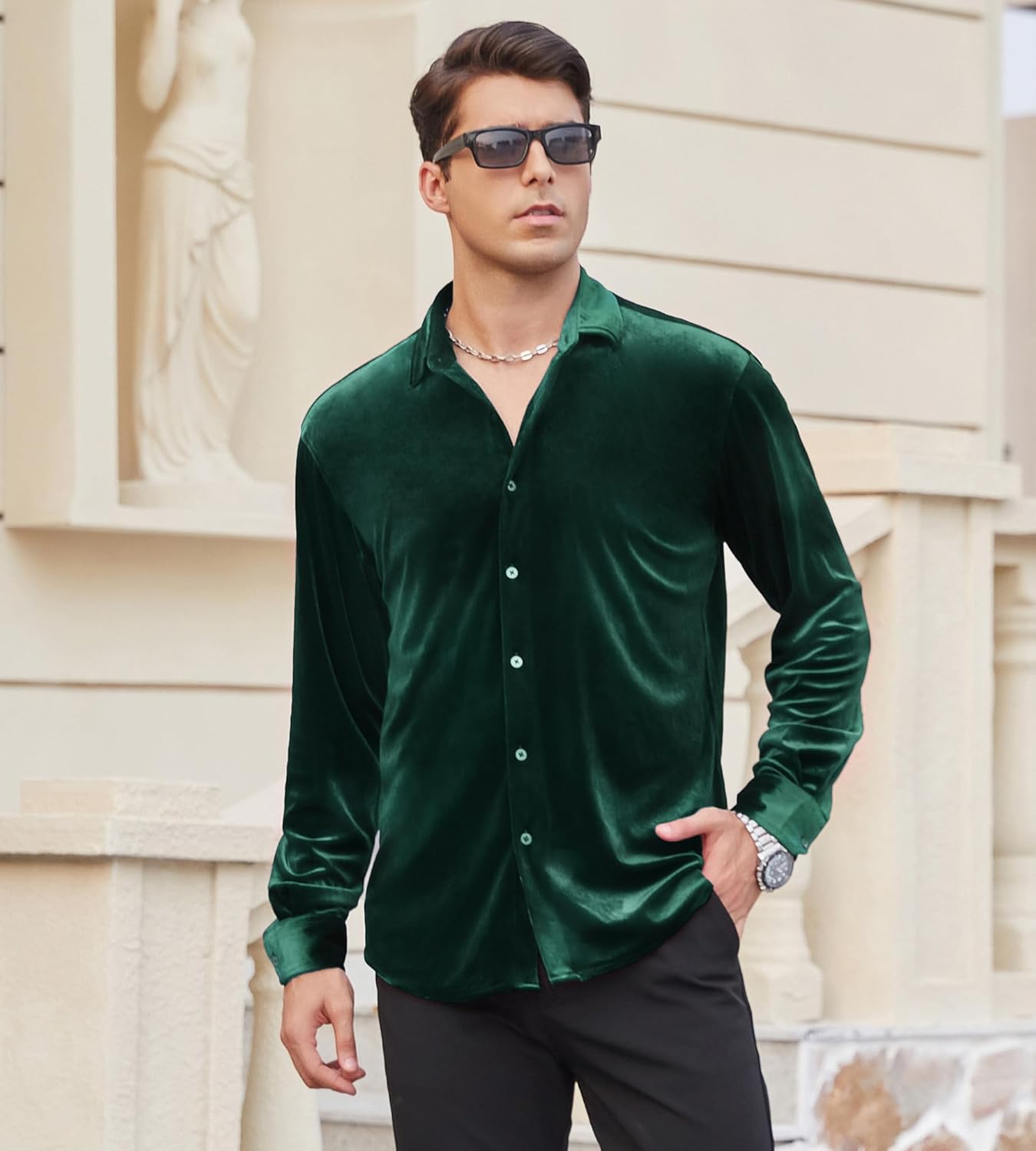 Alex Vando Mens Velvet Shirts Regular Fit Long Sleeve Soft Stretch Casual Button Down Shirt