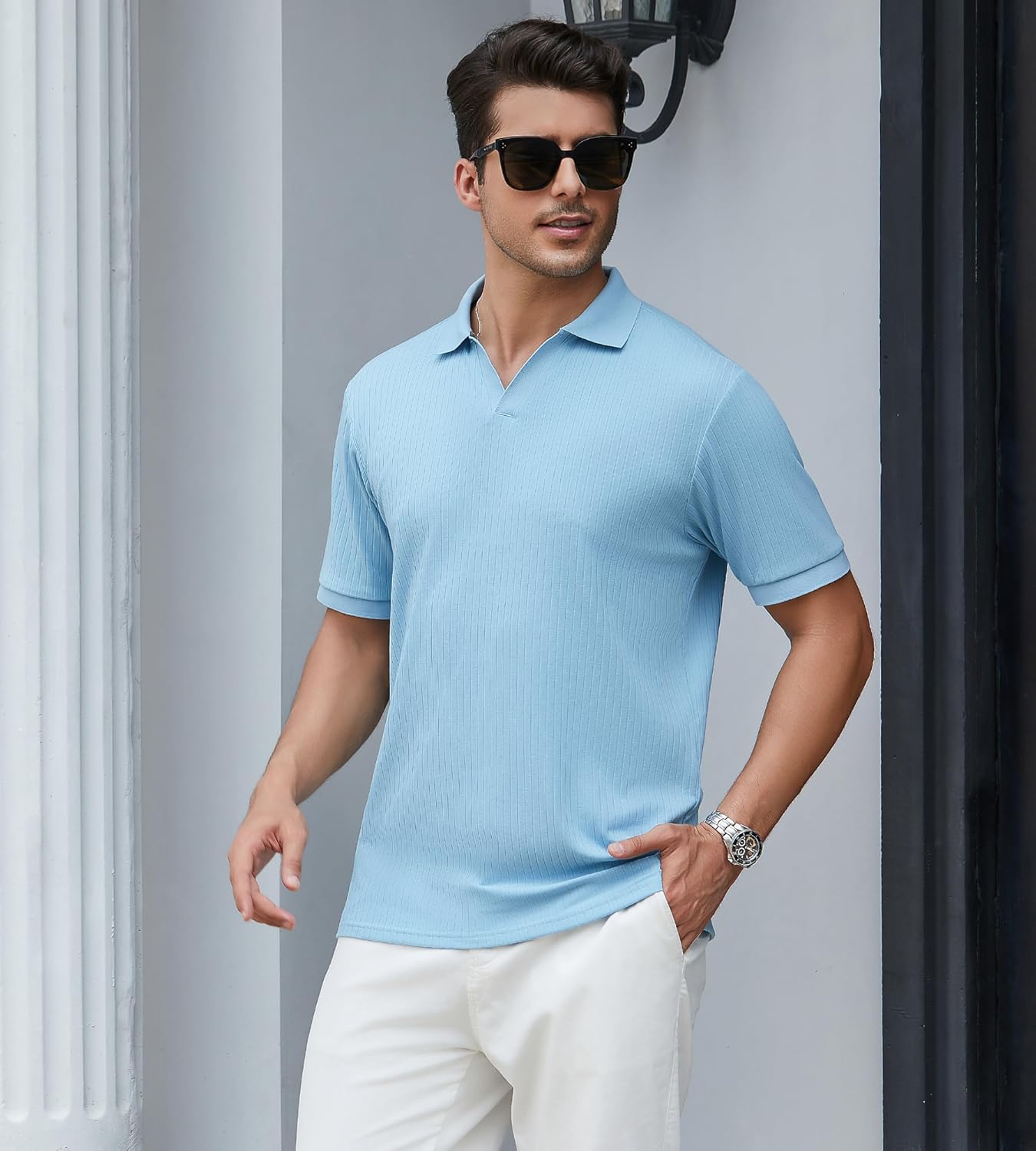 Alex Vando Mens Cotton Polo Shirts V-Neck Short Sleeve Casual Shirts for Men