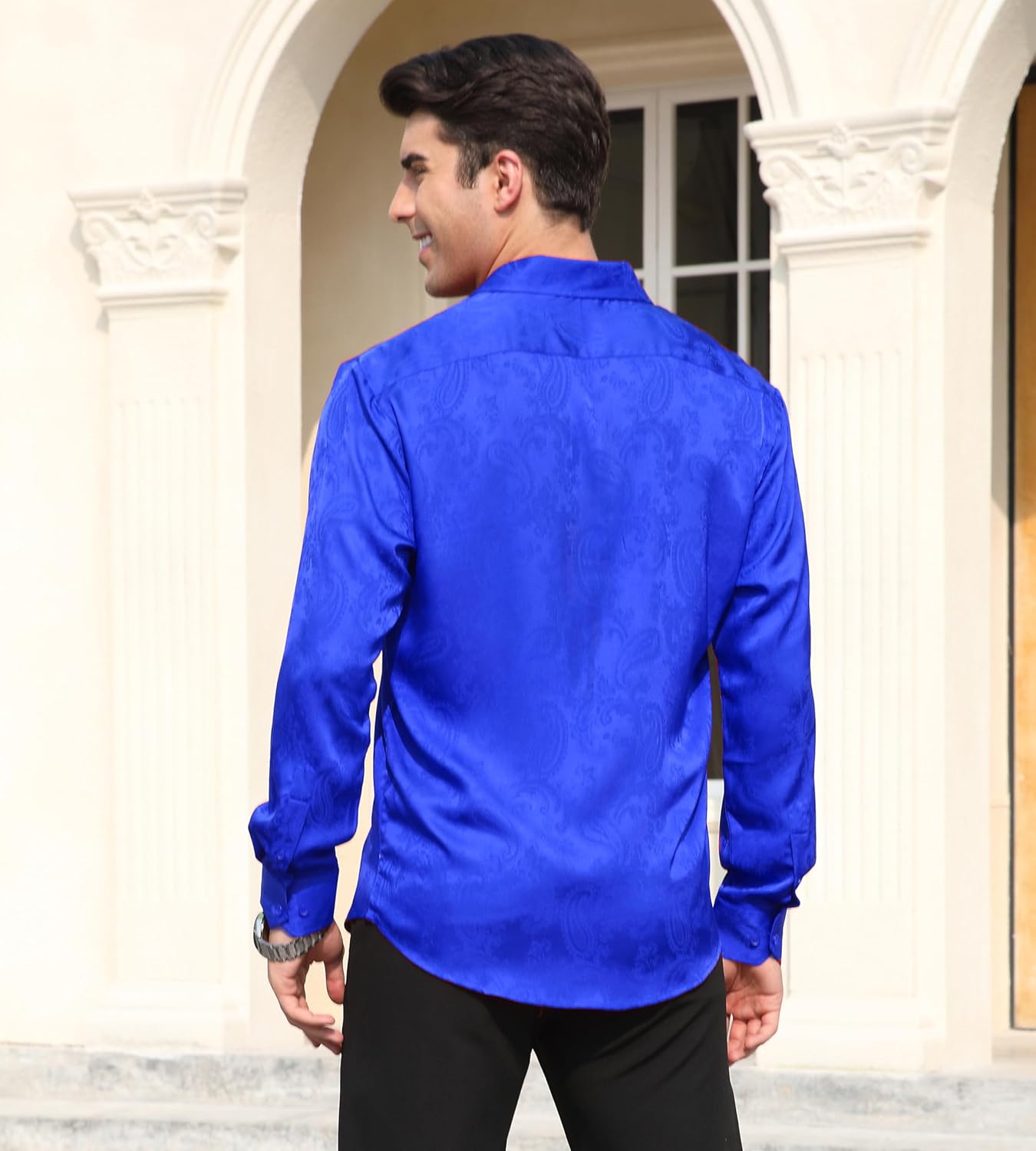 Alex Vando Mens Luxury Satin Dress Shirt Long Sleeve Silk Shiny Sateen Party Shirt