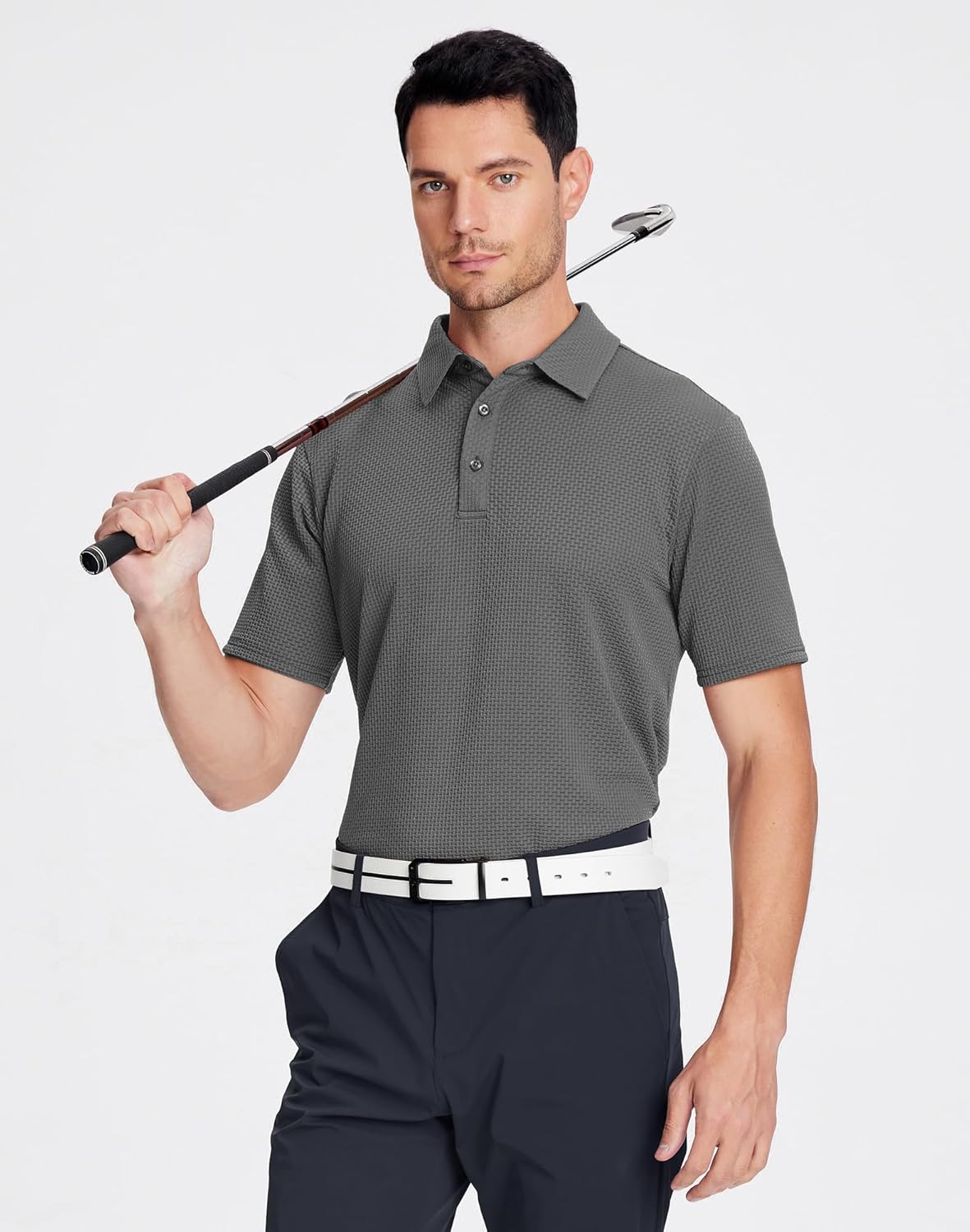 Alex Vando Mens Bubble Jacquard Polo Shirt Super Stretch Short Sleeve Polo Shirts for Men