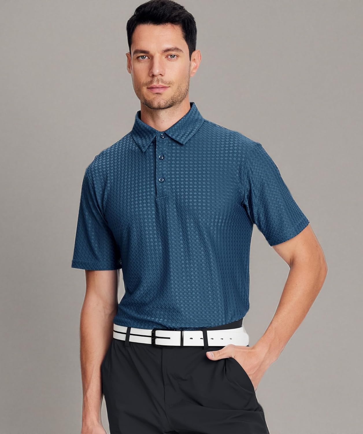 Alex Vando Mens Bubble Jacquard Polo Shirt Super Stretch Short Sleeve Polo Shirts for Men