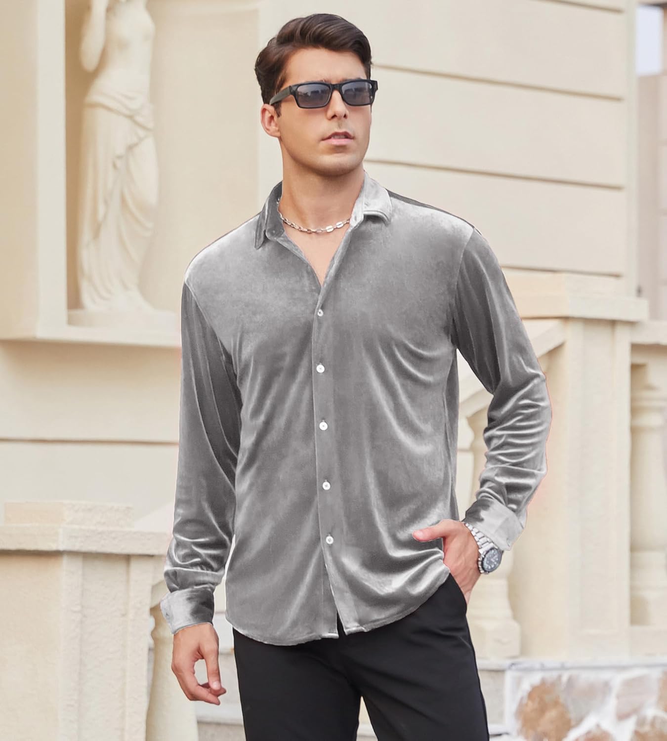 Alex Vando Mens Velvet Shirts Regular Fit Long Sleeve Soft Stretch Casual Button Down Shirt