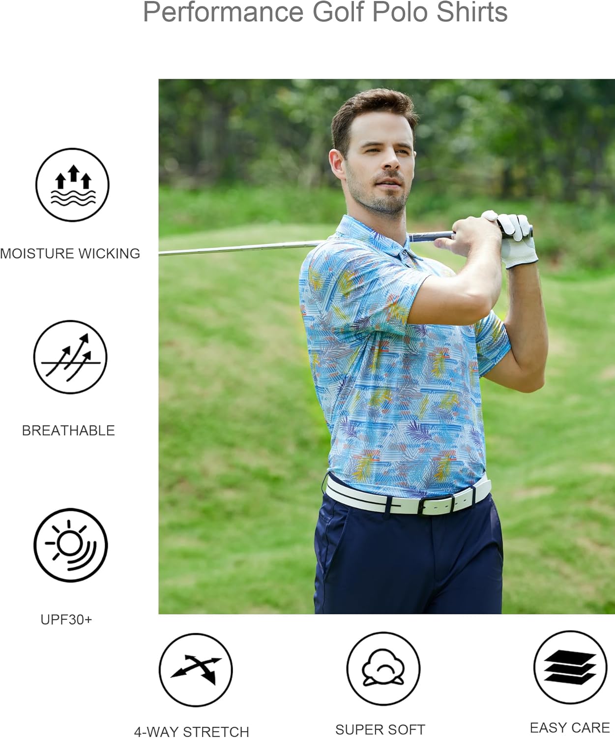 Alex Vando Mens Golf Shirt Moisture Wicking Quick-Dry Print Performance Polo Shirts for Men