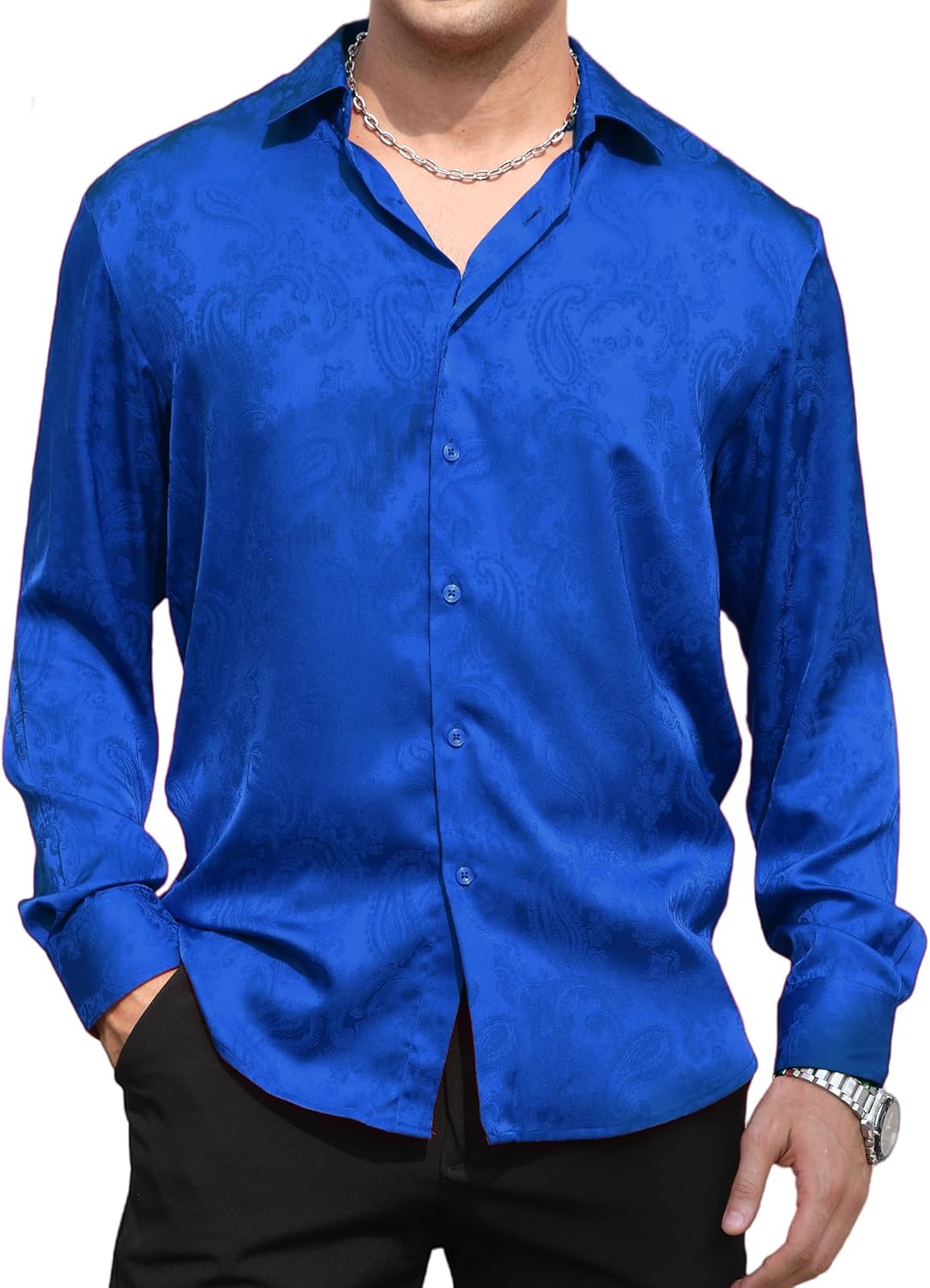 Alex Vando Mens Luxury Satin Dress Shirt Long Sleeve Silk Shiny Sateen Party Shirt