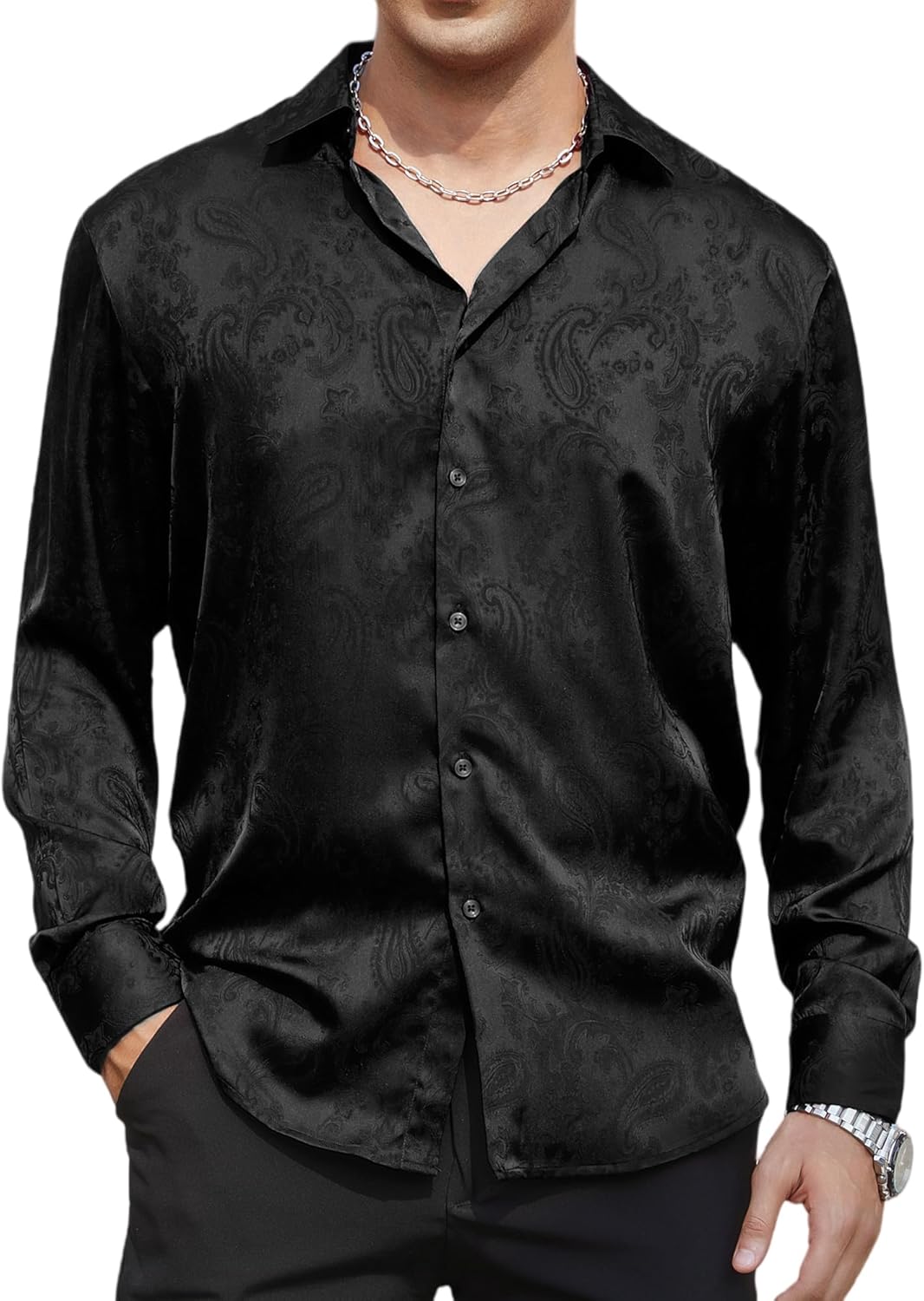 Alex Vando Mens Luxury Satin Dress Shirt Long Sleeve Silk Shiny Sateen Party Shirt