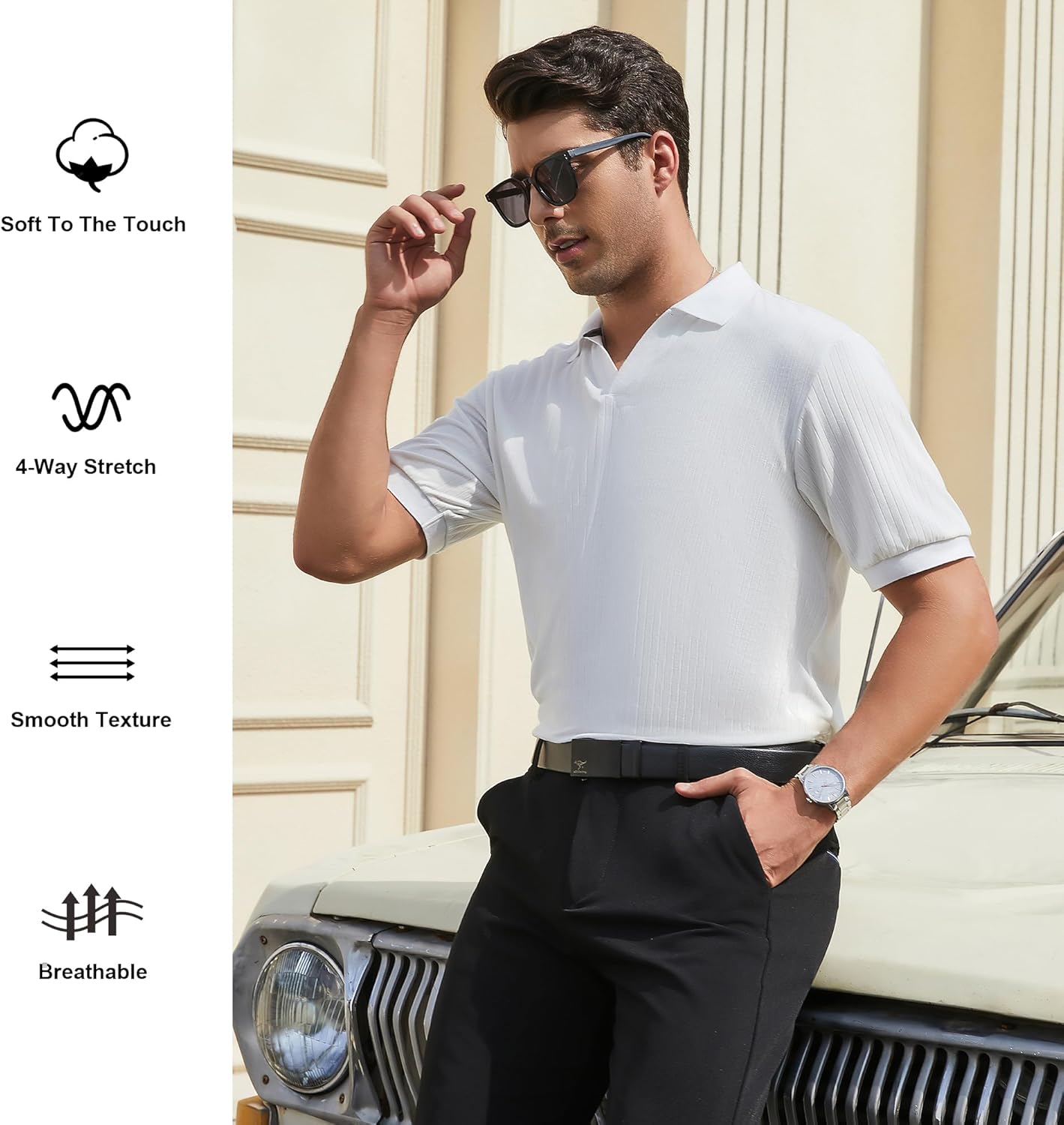 Alex Vando Mens Cotton Polo Shirts V-Neck Short Sleeve Casual Shirts for Men