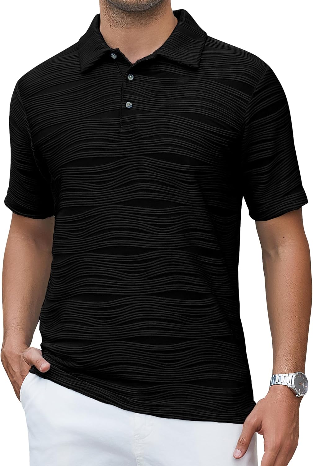 Alex Vando Mens Jacquard Kint Polo Shirts Short Sleeve Vintage Regular Fit Texture Knitted Polo Shirts with Collar