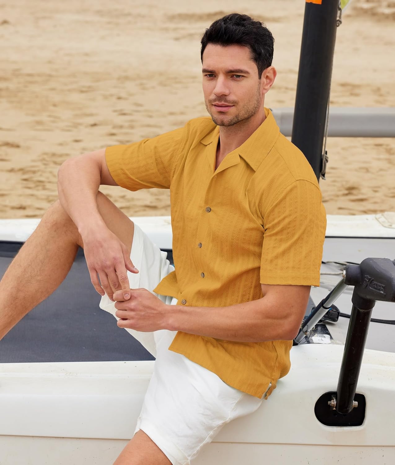 Alex Vando Mens Cotton Jacquard Camp Shirt Short Sleeve Summer Vocation Casual Shirts