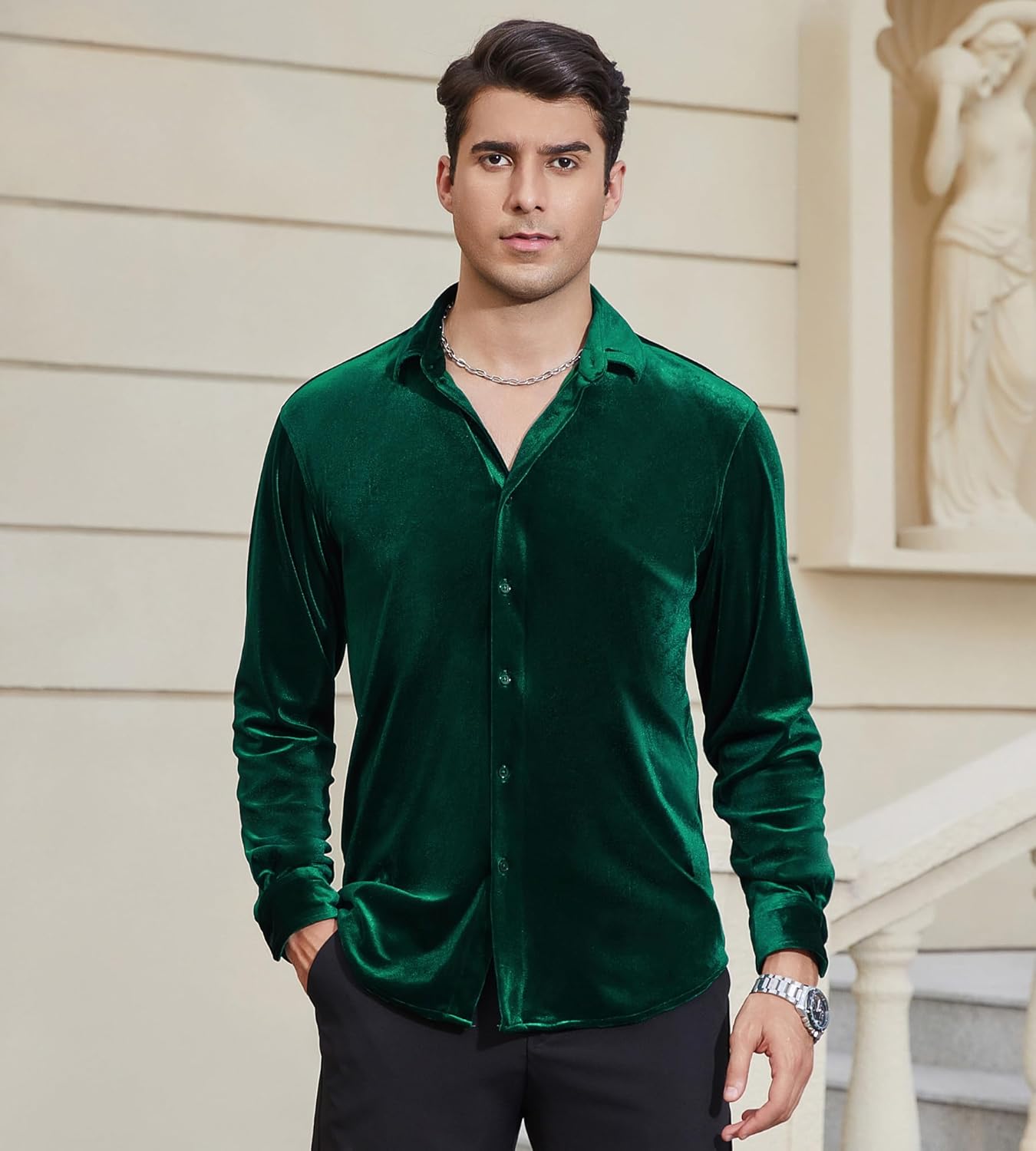 Alex Vando Mens Velvet Shirts Regular Fit Long Sleeve Soft Stretch Casual Button Down Shirt