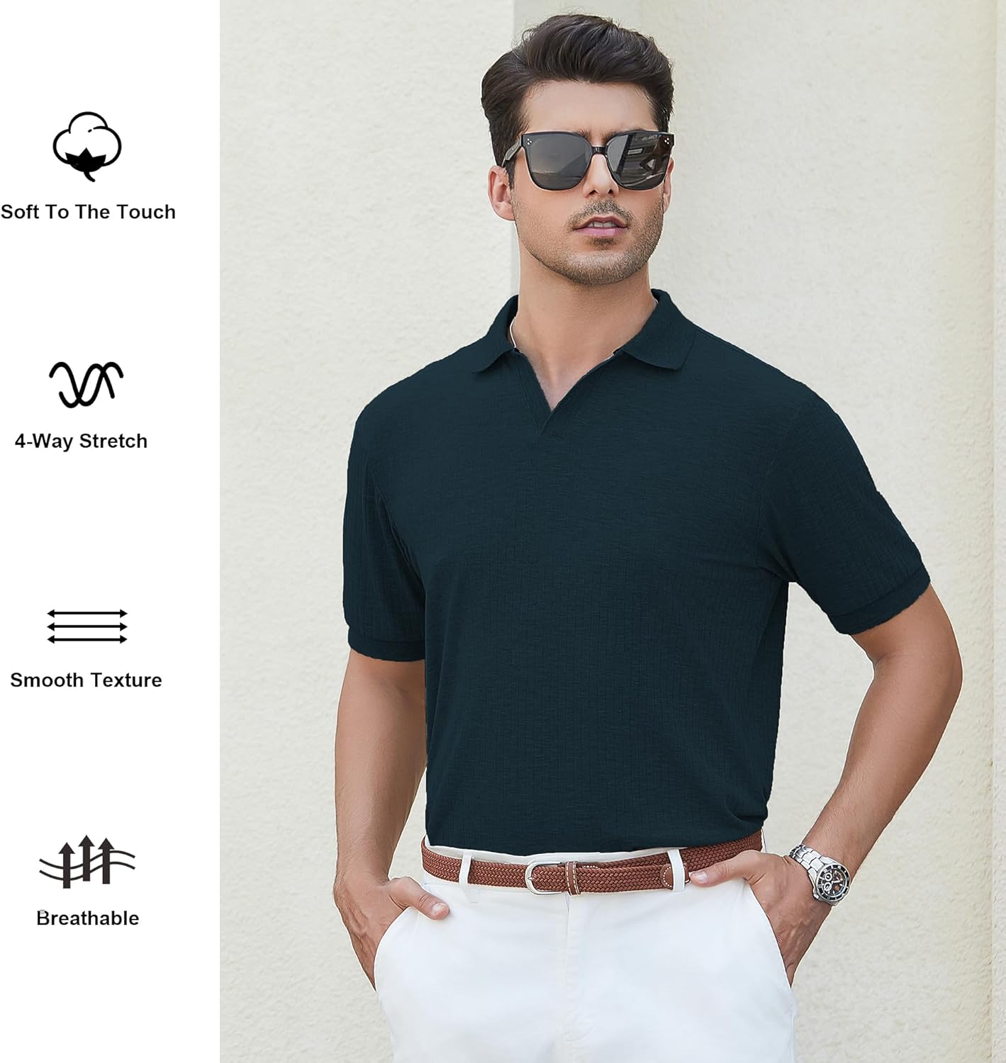 Alex Vando Mens Cotton Polo Shirts V-Neck Short Sleeve Casual Shirts for Men