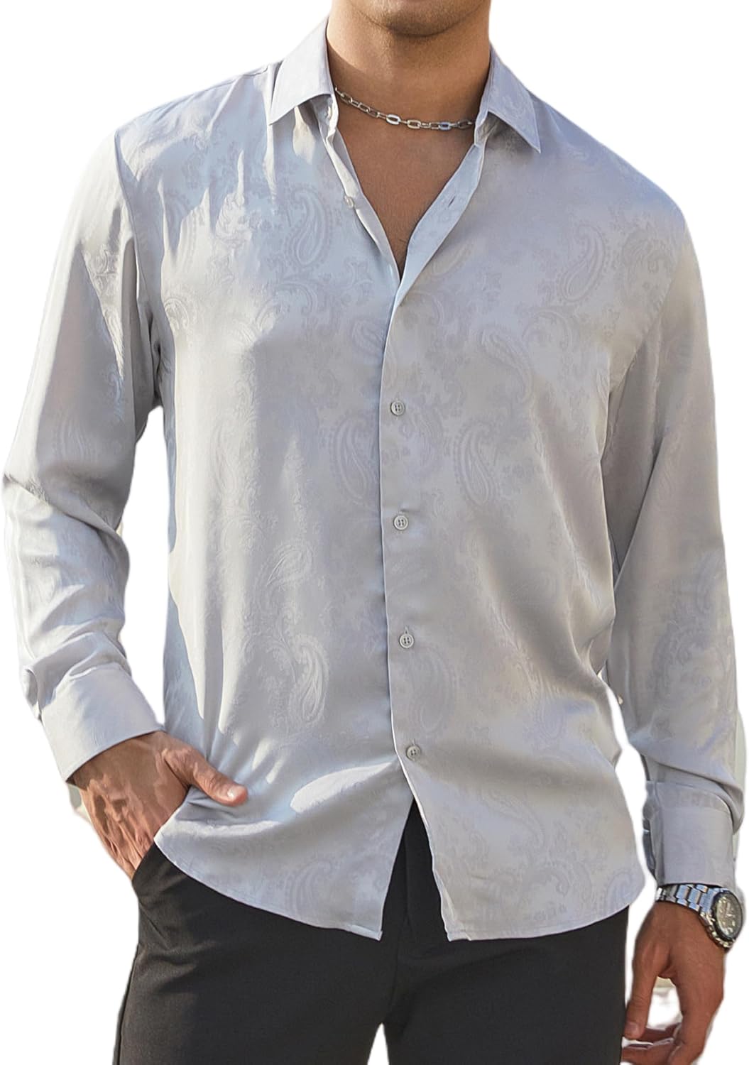 Alex Vando Mens Luxury Satin Dress Shirt Long Sleeve Silk Shiny Sateen Party Shirt