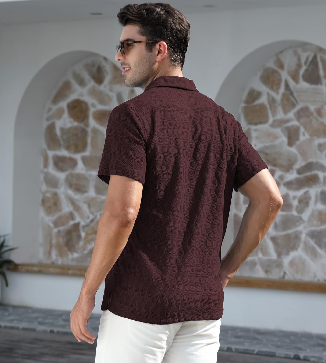 Alex Vando Men's Summer Lace Shirts Short Sleeve See Through Sheer Shirts Hollow Out Casual Button Down Beach Shirts