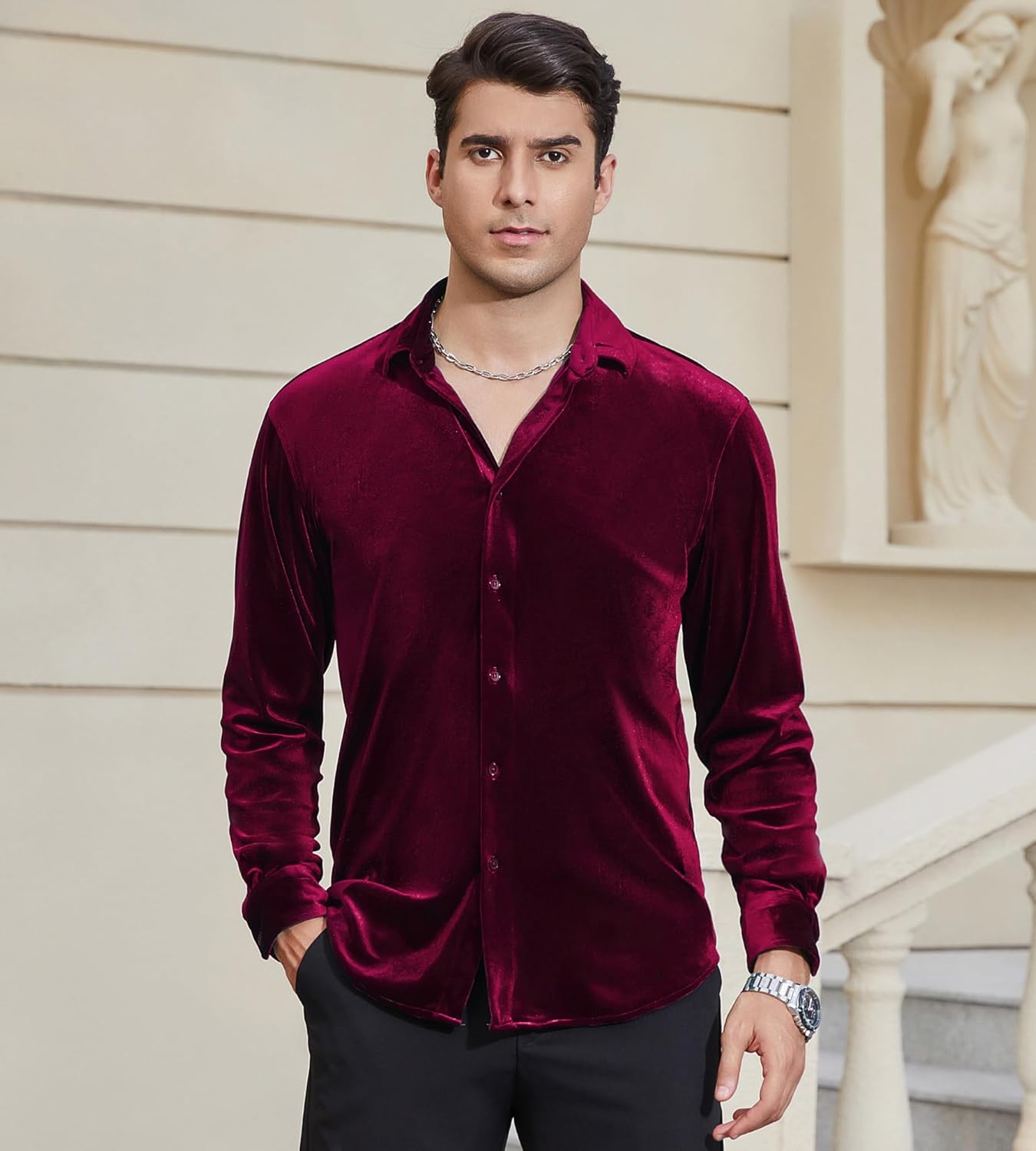 Alex Vando Mens Velvet Shirts Regular Fit Long Sleeve Soft Stretch Casual Button Down Shirt