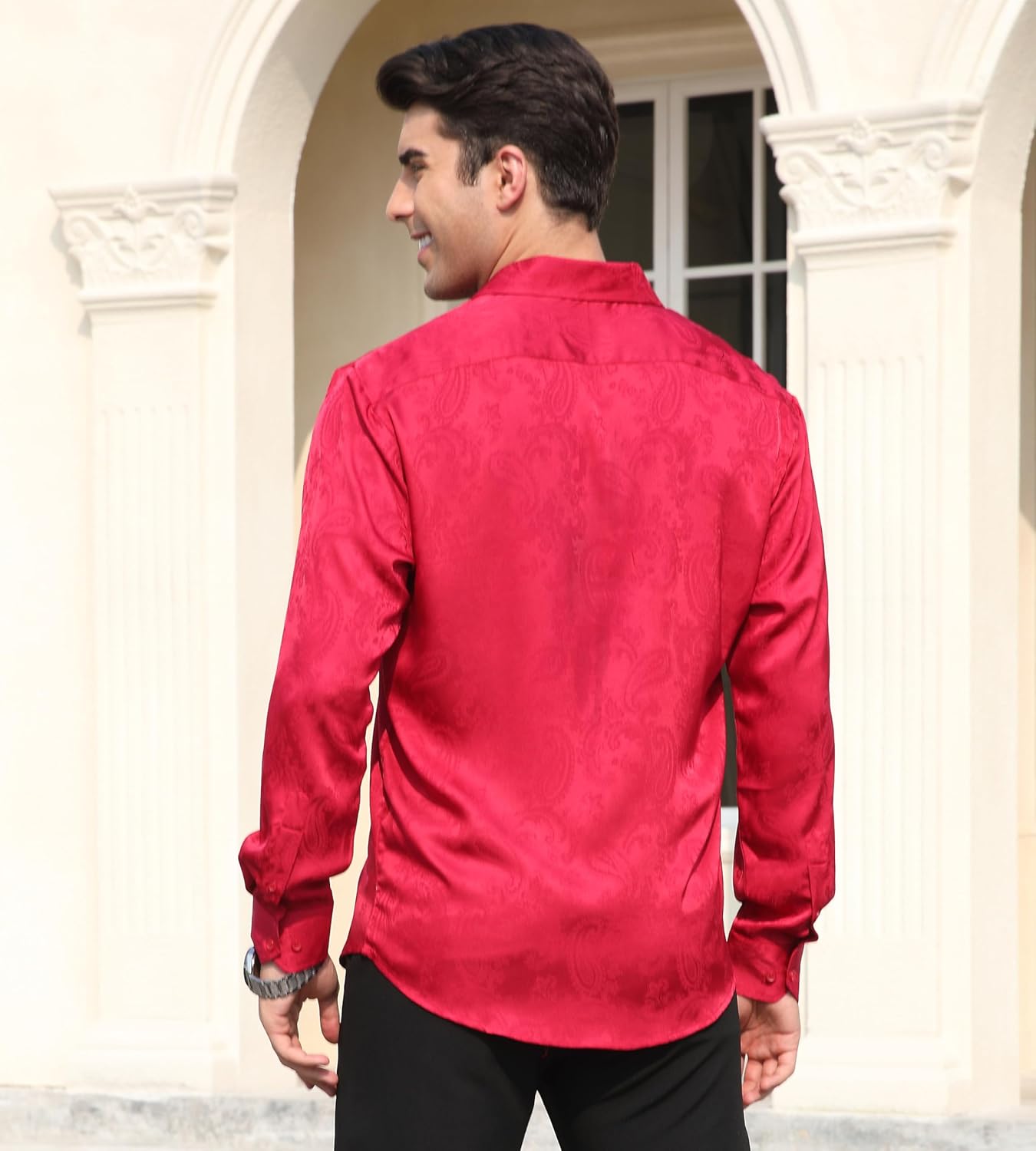 Alex Vando Mens Luxury Satin Dress Shirt Long Sleeve Silk Shiny Sateen Party Shirt
