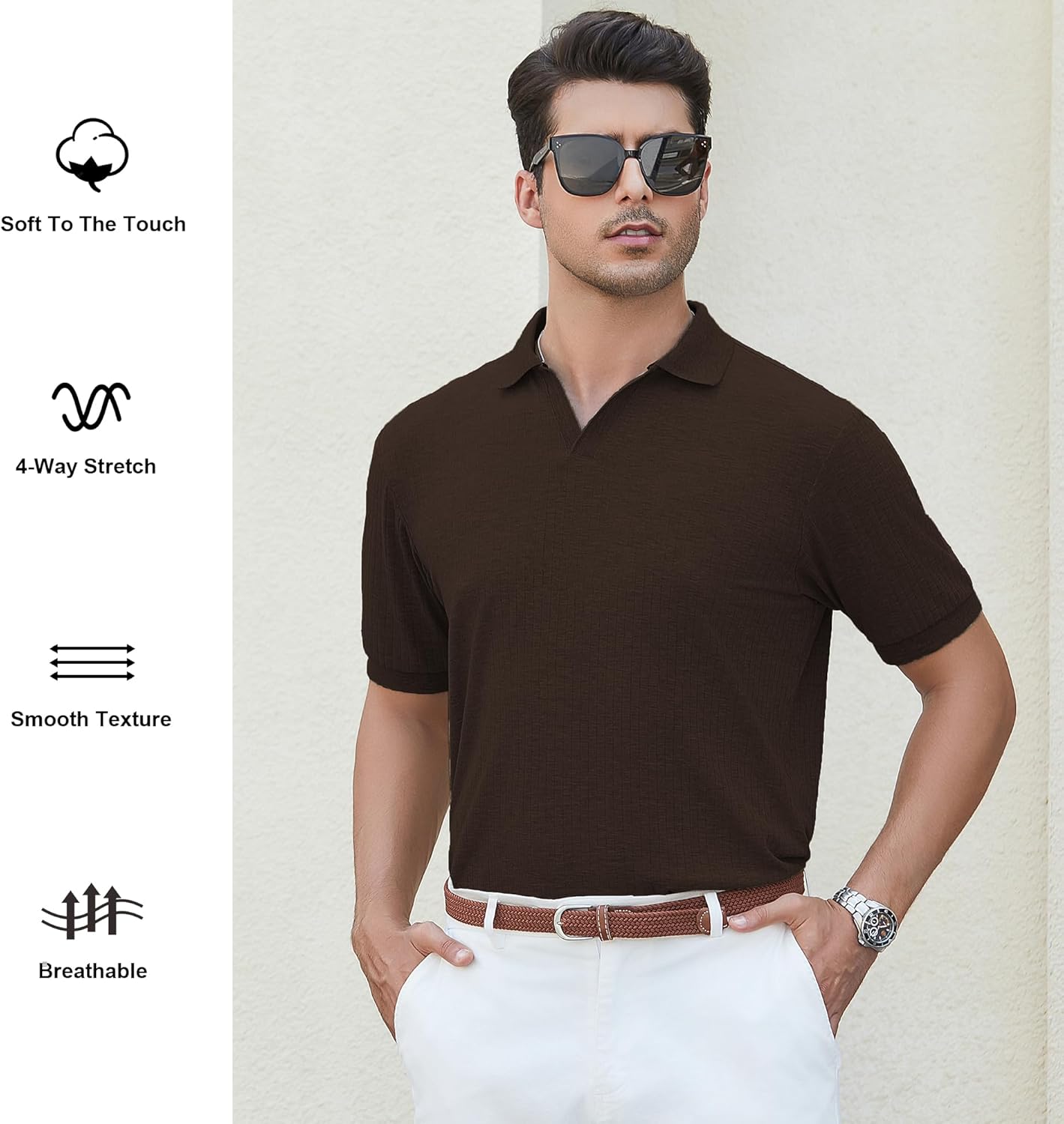 Alex Vando Mens Cotton Polo Shirts V-Neck Short Sleeve Casual Shirts for Men