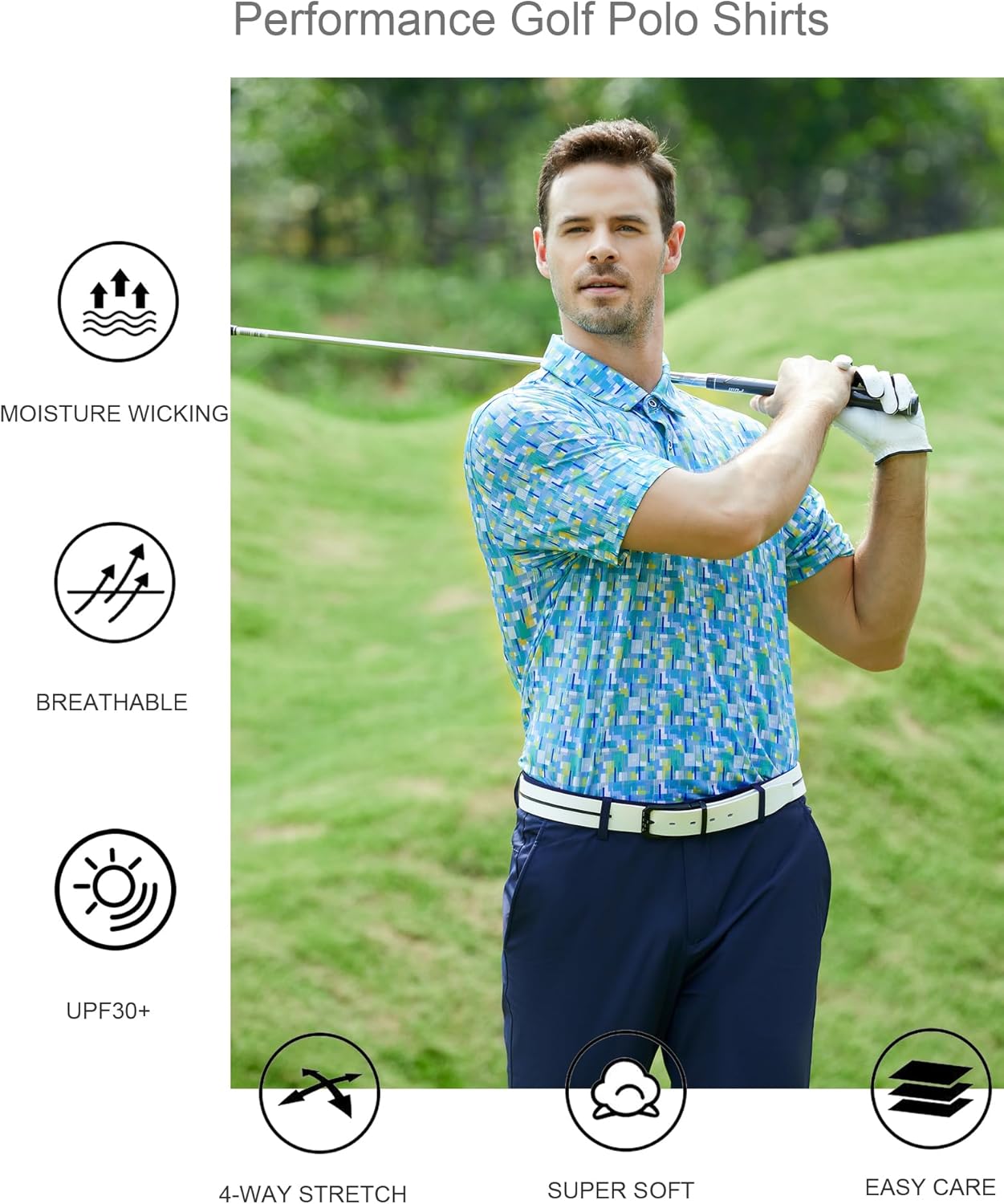 Alex Vando Mens Golf Shirt Moisture Wicking Quick-Dry Print Performance Polo Shirts for Men