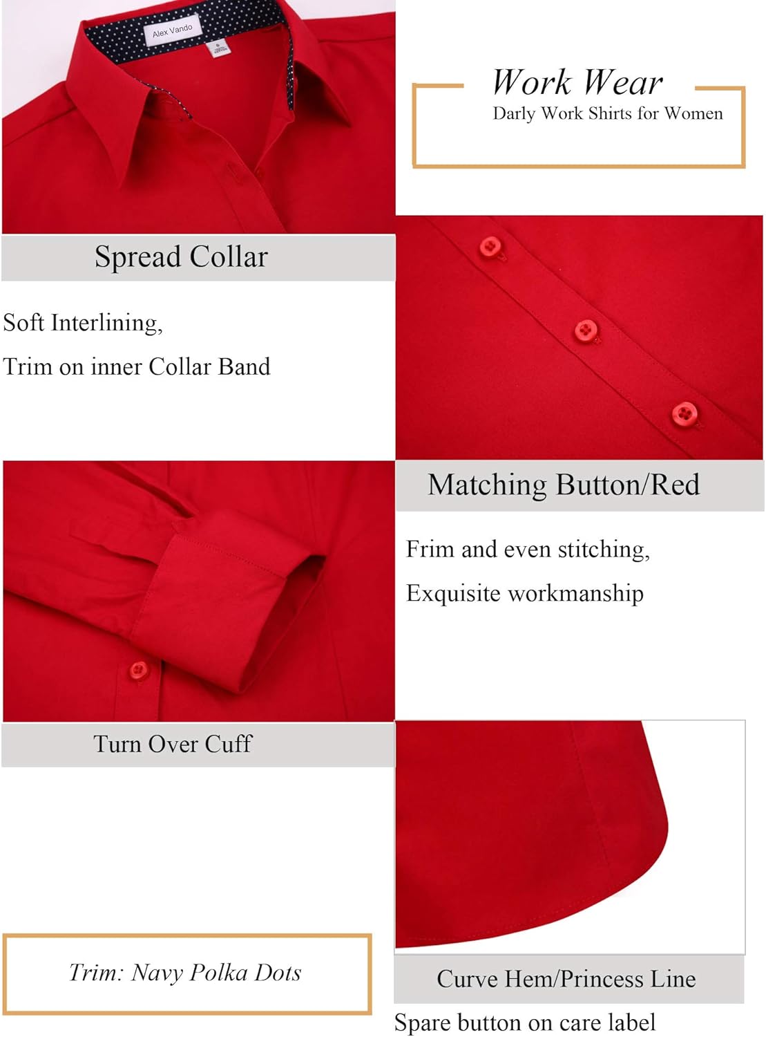 Alex Vando Womens Dress Shirts Wrinkle Free Regular Fit Long Sleeve Stretch Work Shirt