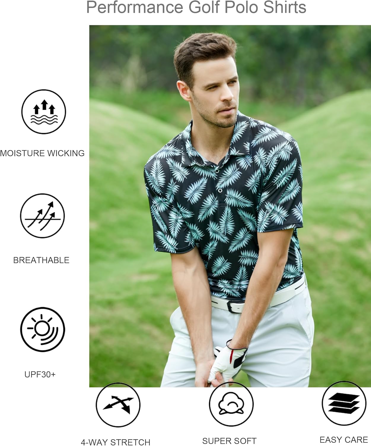 Alex Vando Mens Golf Shirt Moisture Wicking Quick-Dry Print Performance Polo Shirts for Men