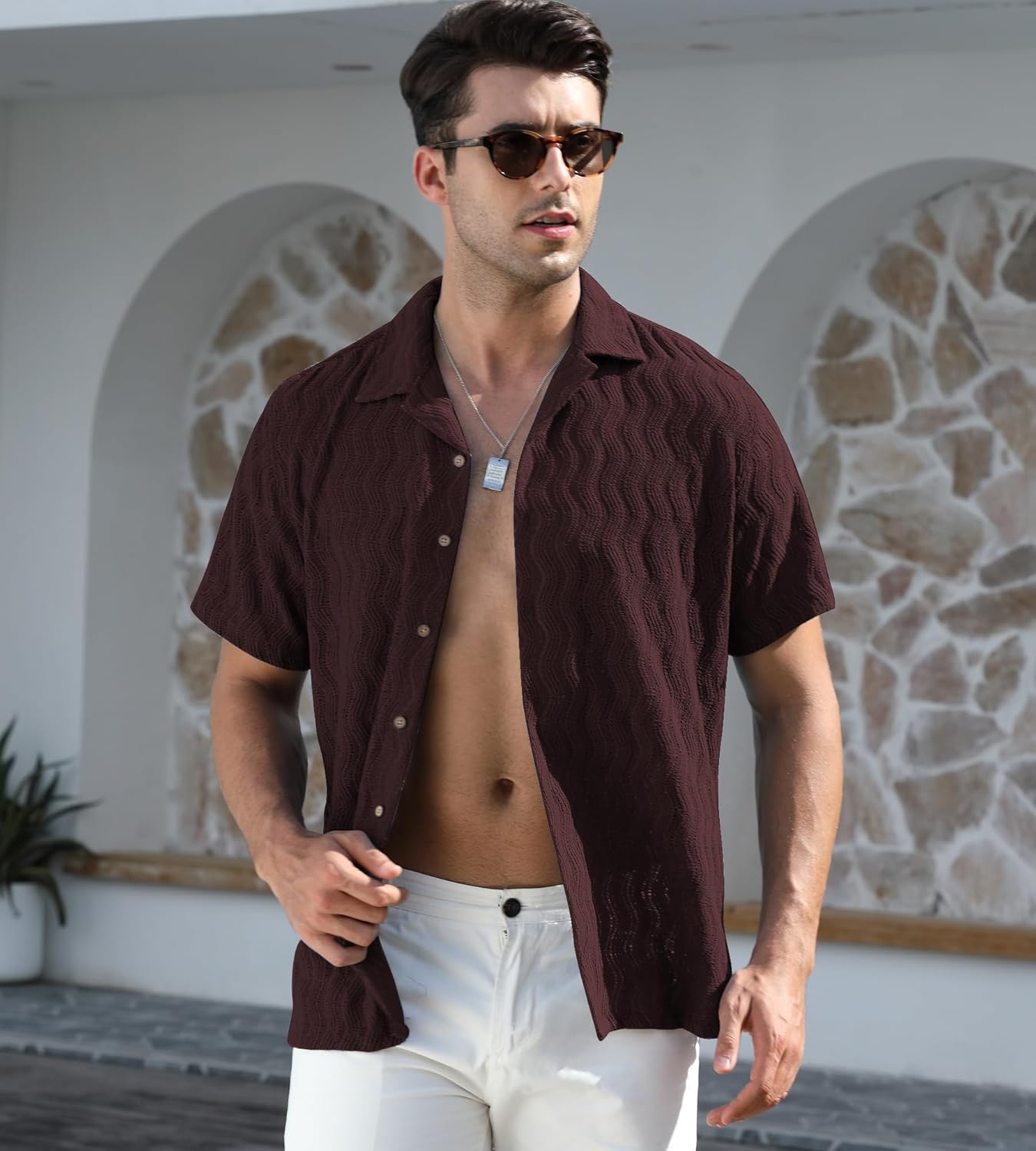 Alex Vando Men's Summer Lace Shirts Short Sleeve See Through Sheer Shirts Hollow Out Casual Button Down Beach Shirts