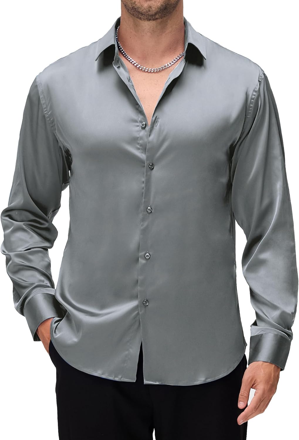 Alex Vando Mens Luxury Satin Dress Shirt Long Sleeve Silk Shiny Sateen Party Shirt