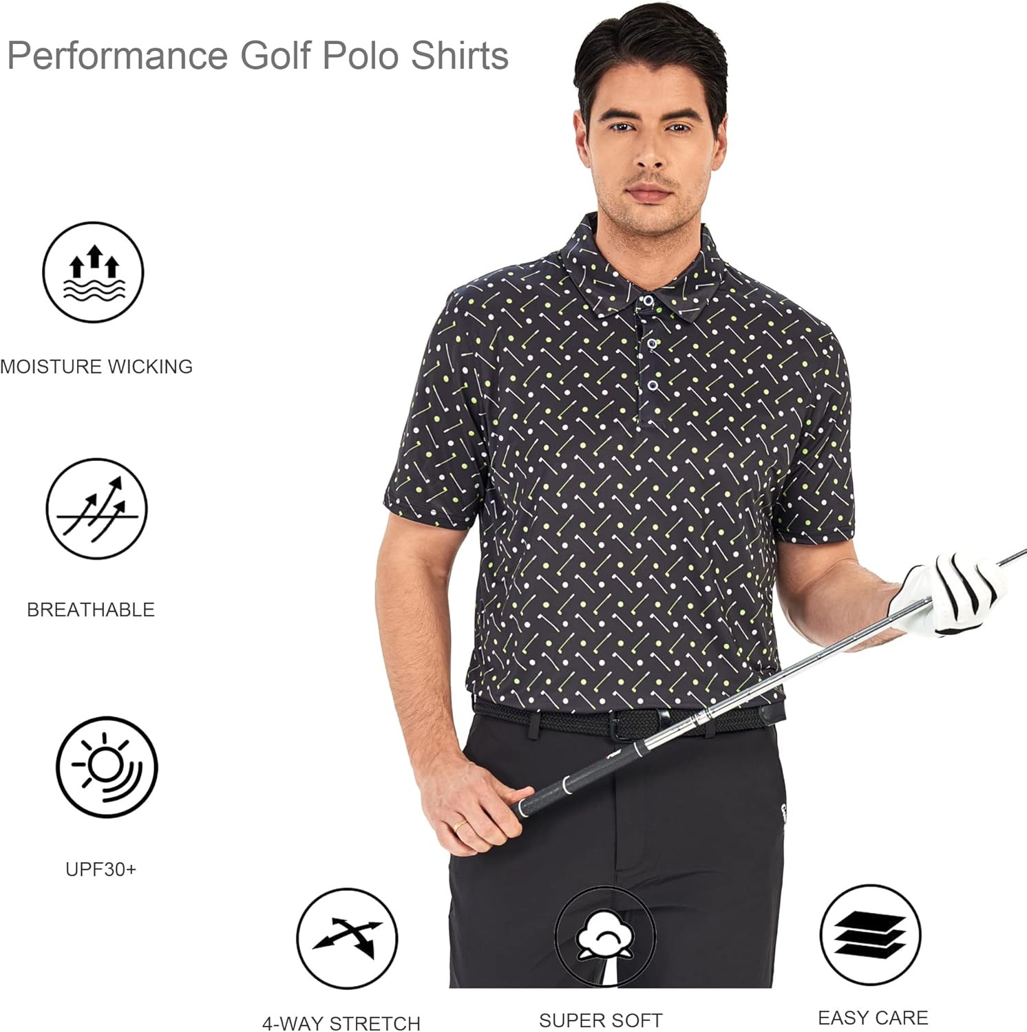 Alex Vando Mens Golf Shirt Moisture Wicking Quick-Dry Print Performance Polo Shirts for Men
