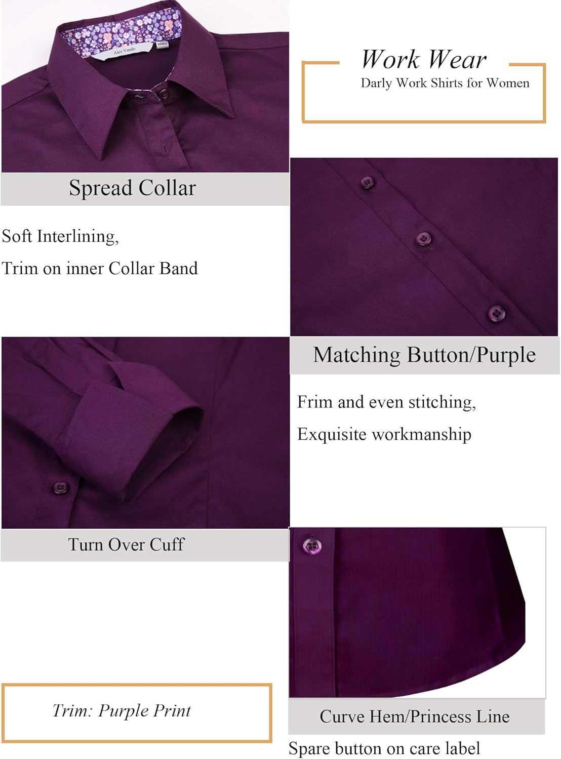 Alex Vando Womens Dress Shirts Wrinkle Free Regular Fit Long Sleeve Stretch Work Shirt