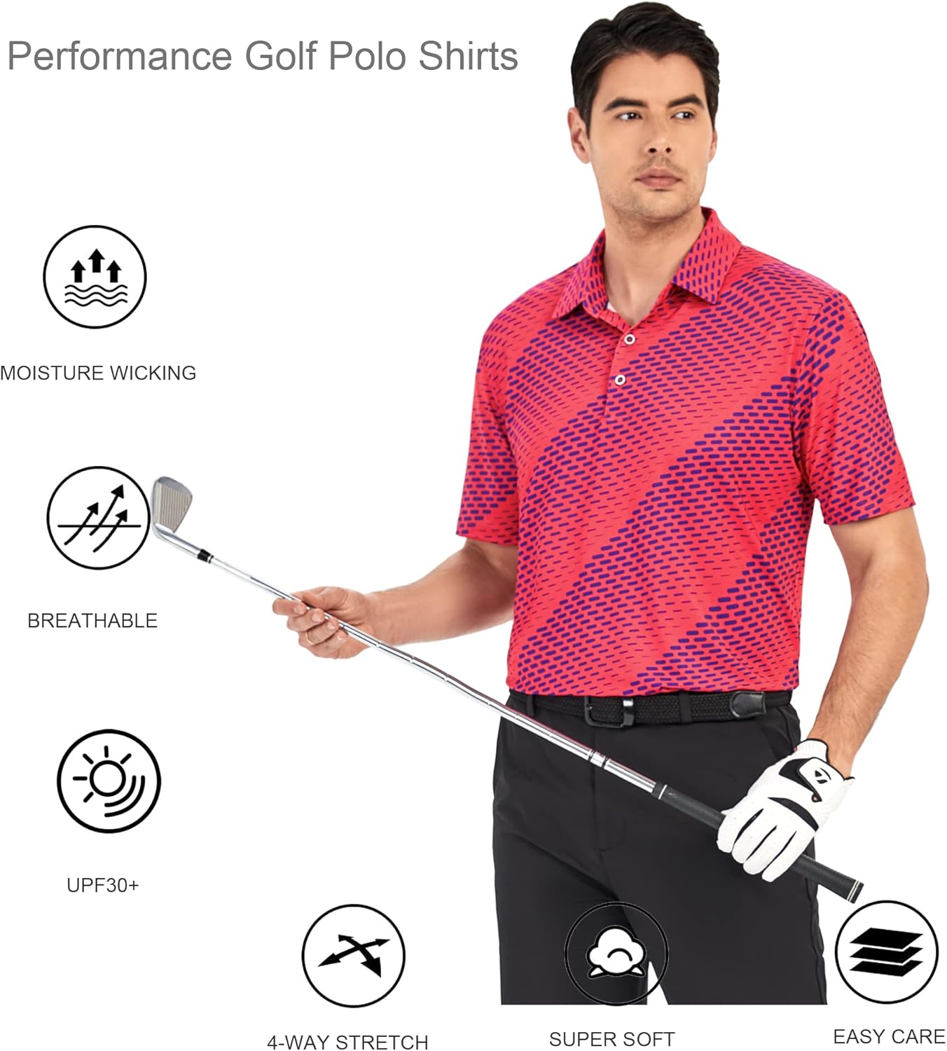Alex Vando Mens Golf Shirt Moisture Wicking Quick-Dry Print Performance Polo Shirts for Men