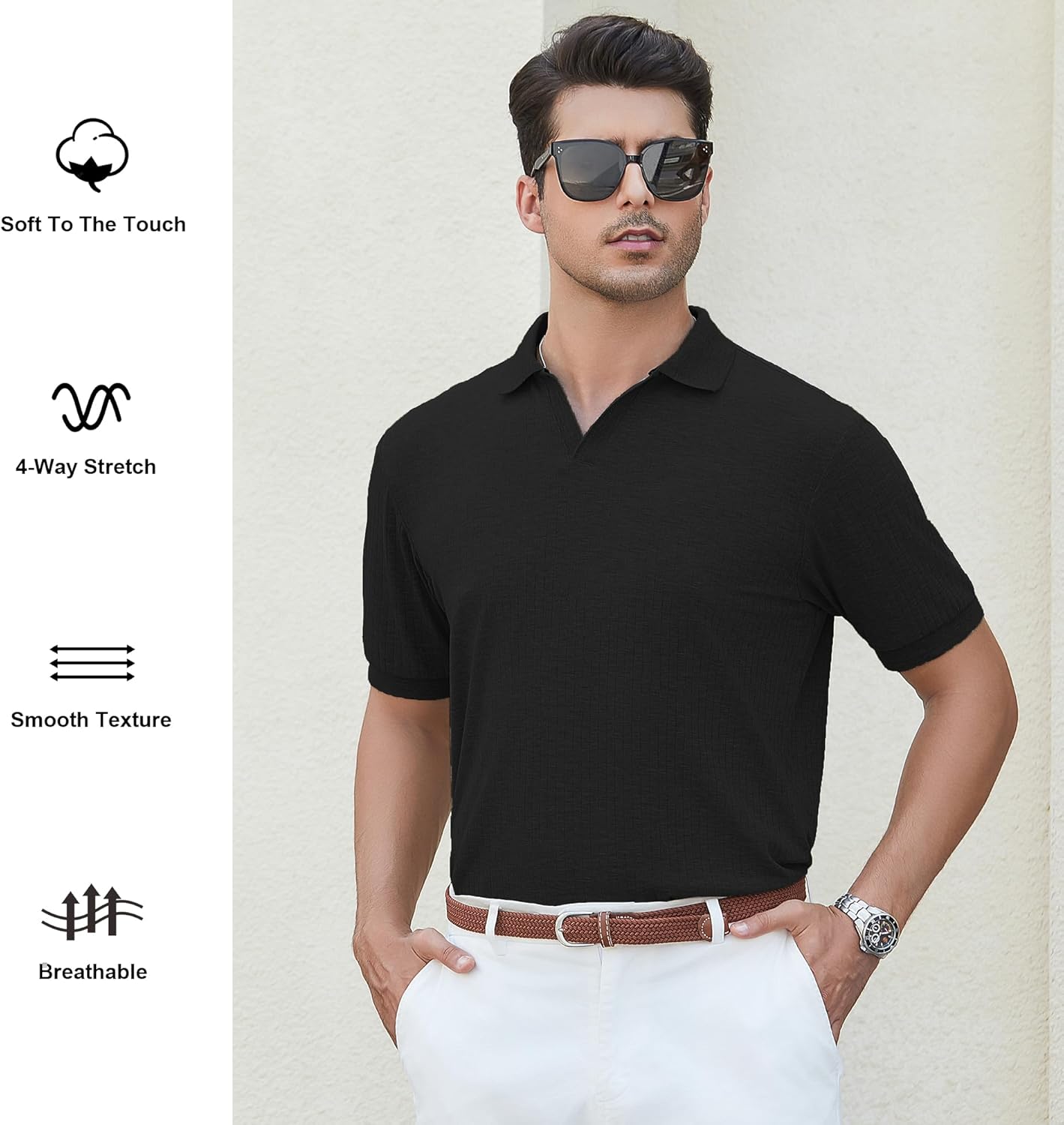 Alex Vando Mens Cotton Polo Shirts V-Neck Short Sleeve Casual Shirts for Men
