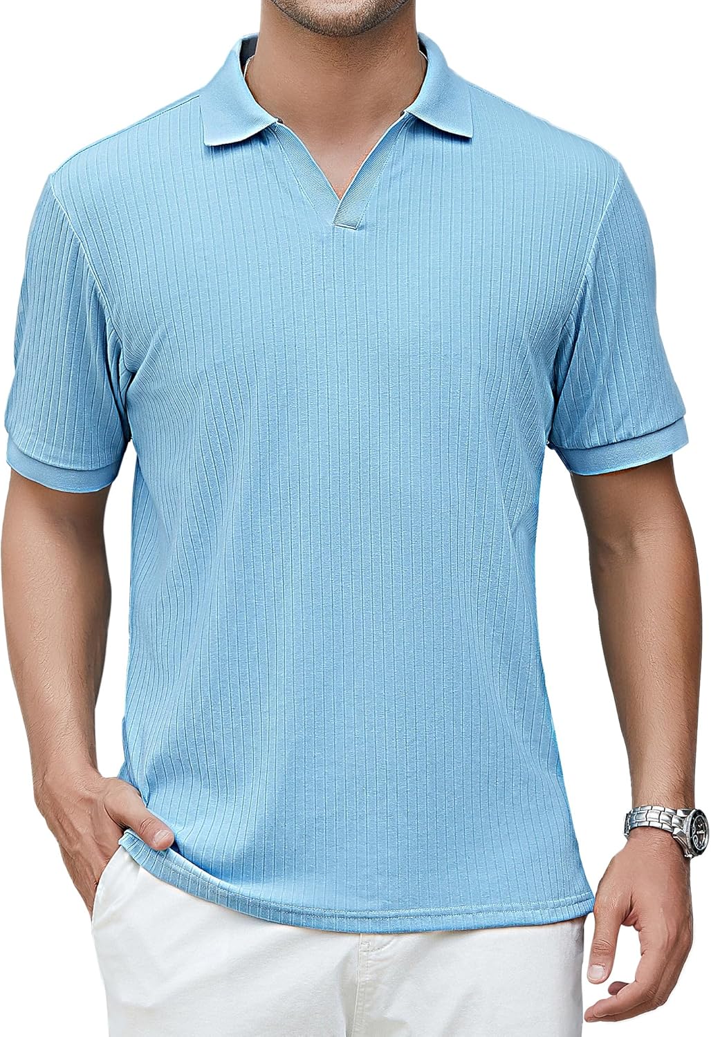 Alex Vando Mens Cotton Polo Shirts V-Neck Short Sleeve Casual Shirts for Men