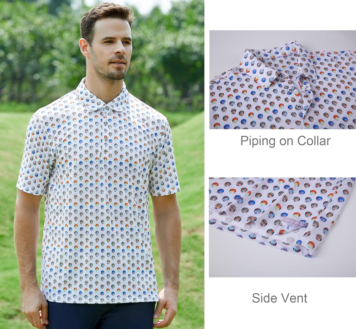 Alex Vando Mens Golf Shirt Moisture Wicking Quick-Dry Print Performance Polo Shirts for Men