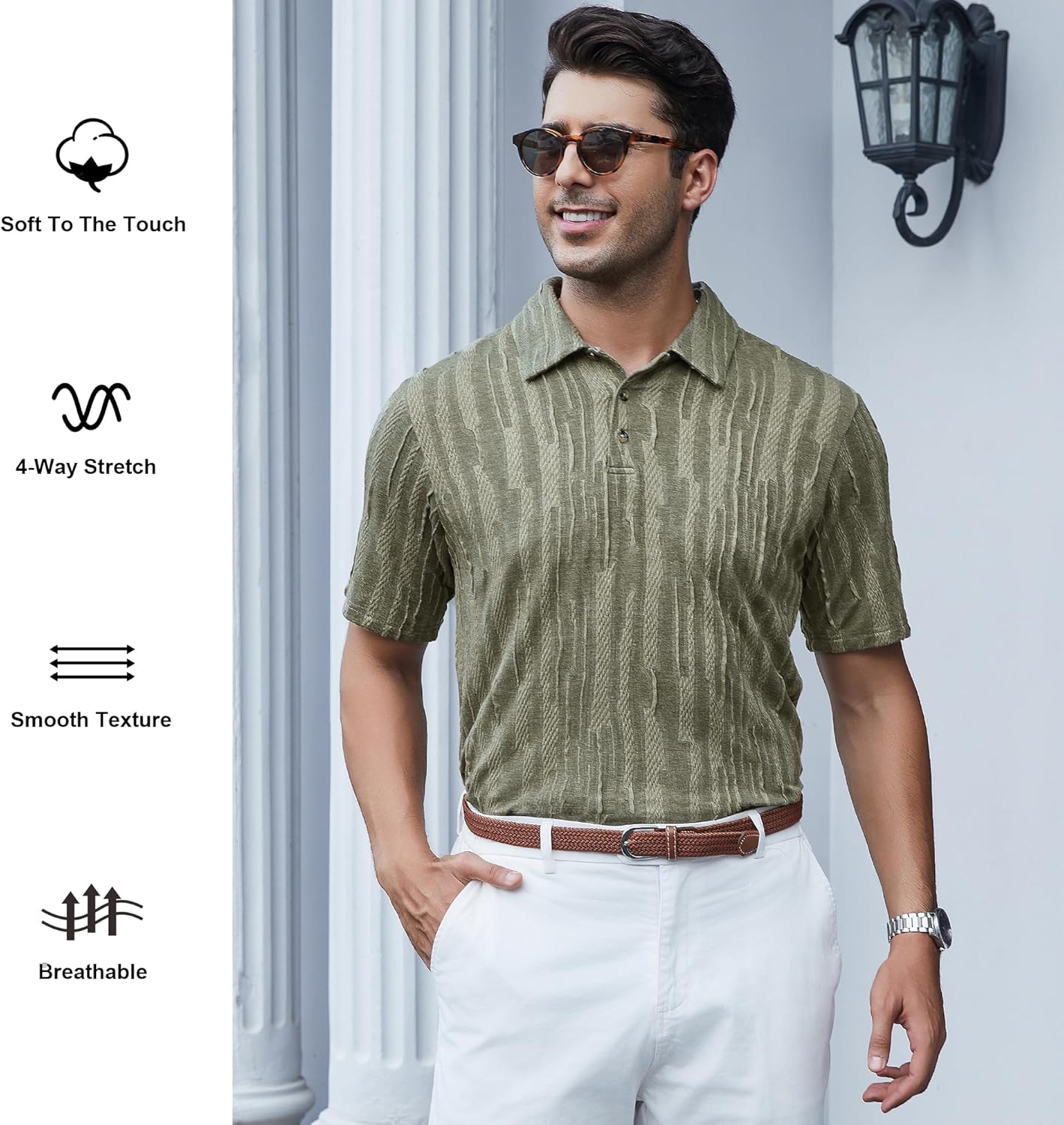 Alex Vando Mens Jacquard Kint Polo Shirts Short Sleeve Vintage Regular Fit Texture Knitted Polo Shirts with Collar