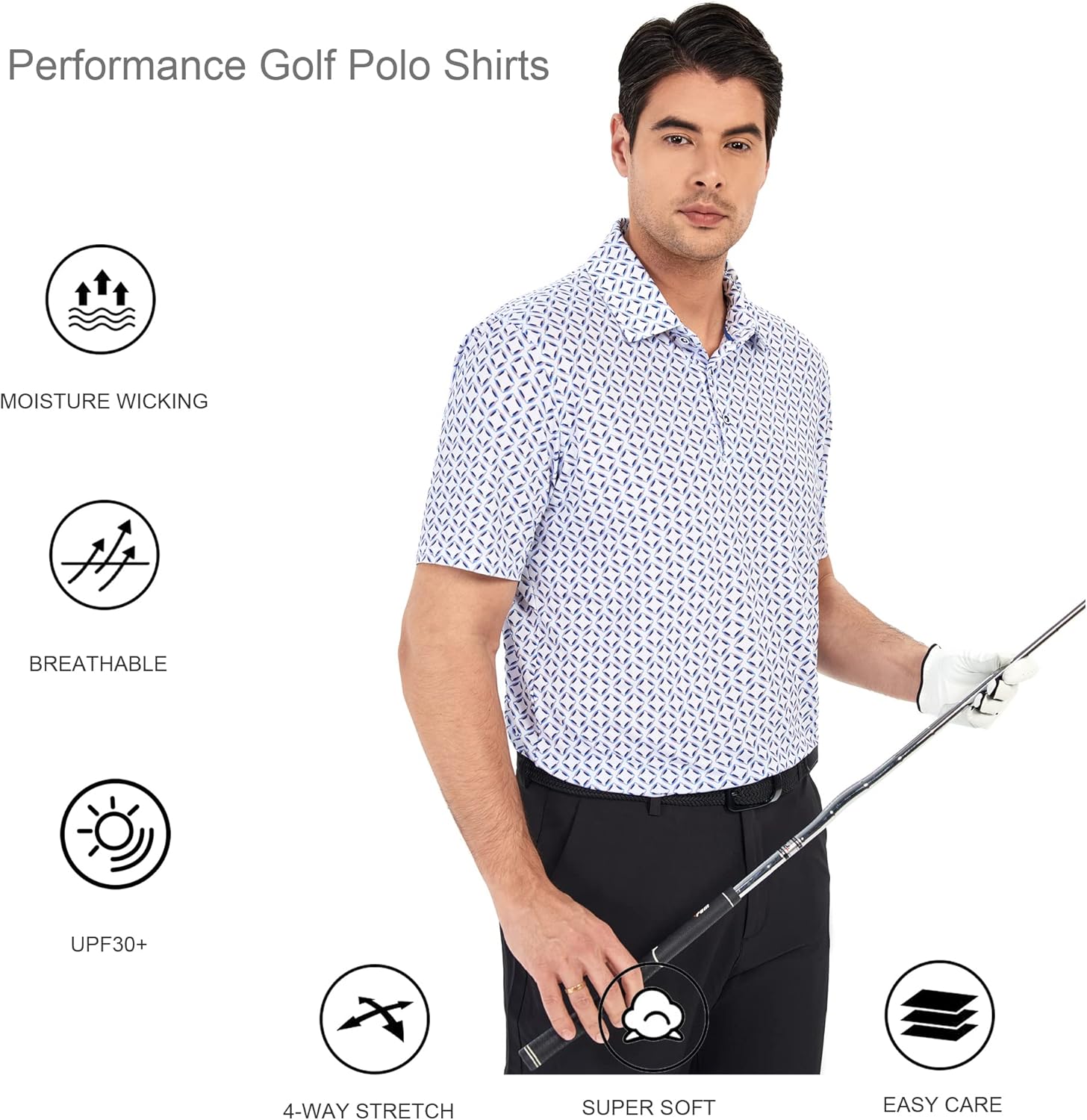 Alex Vando Mens Golf Shirt Moisture Wicking Quick-Dry Print Performance Polo Shirts for Men