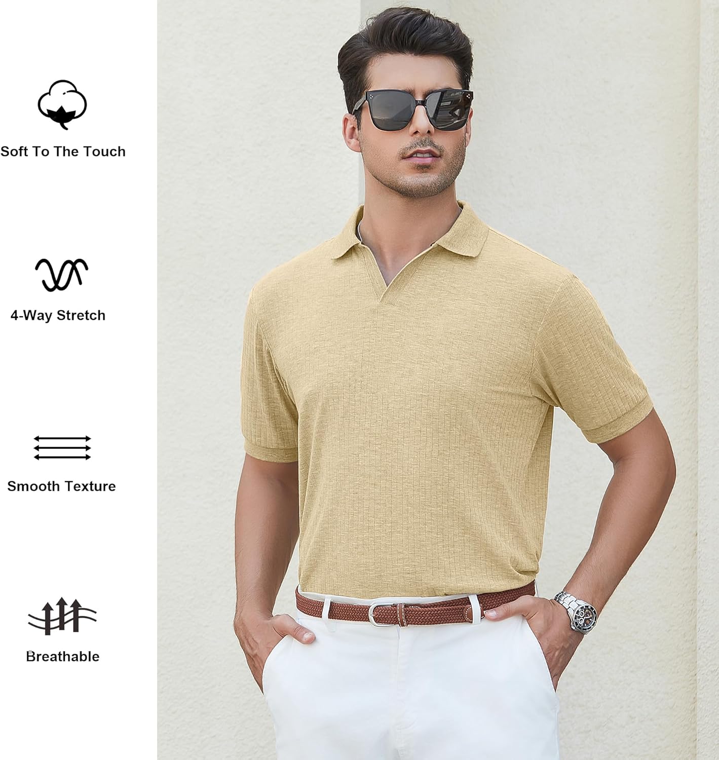 Alex Vando Mens Cotton Polo Shirts V-Neck Short Sleeve Casual Shirts for Men