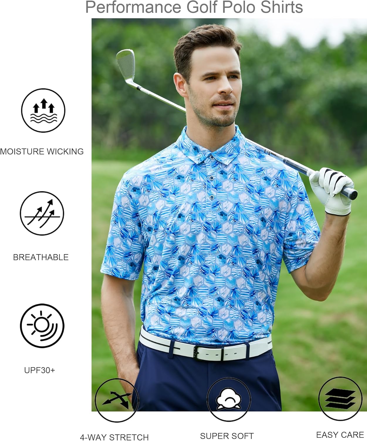 Alex Vando Mens Golf Shirt Moisture Wicking Quick-Dry Print Performance Polo Shirts for Men