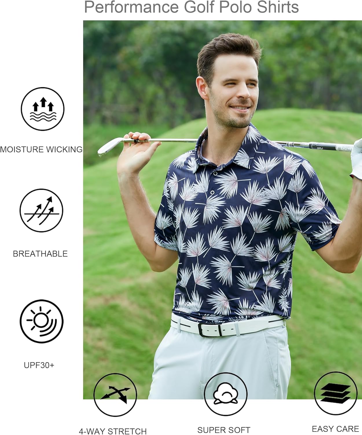Alex Vando Mens Golf Shirt Moisture Wicking Quick-Dry Print Performance Polo Shirts for Men