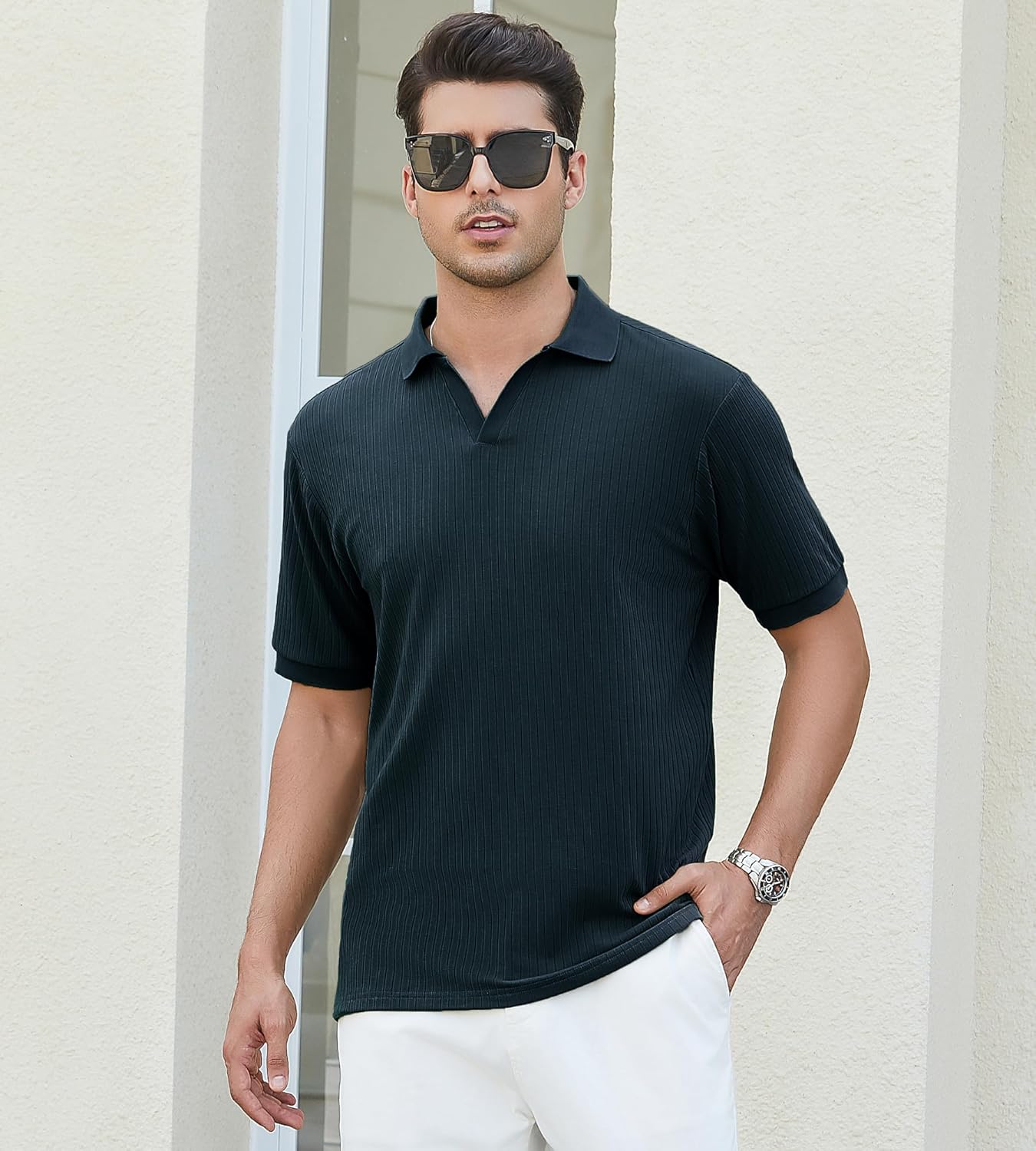 Alex Vando Mens Cotton Polo Shirts V-Neck Short Sleeve Casual Shirts for Men