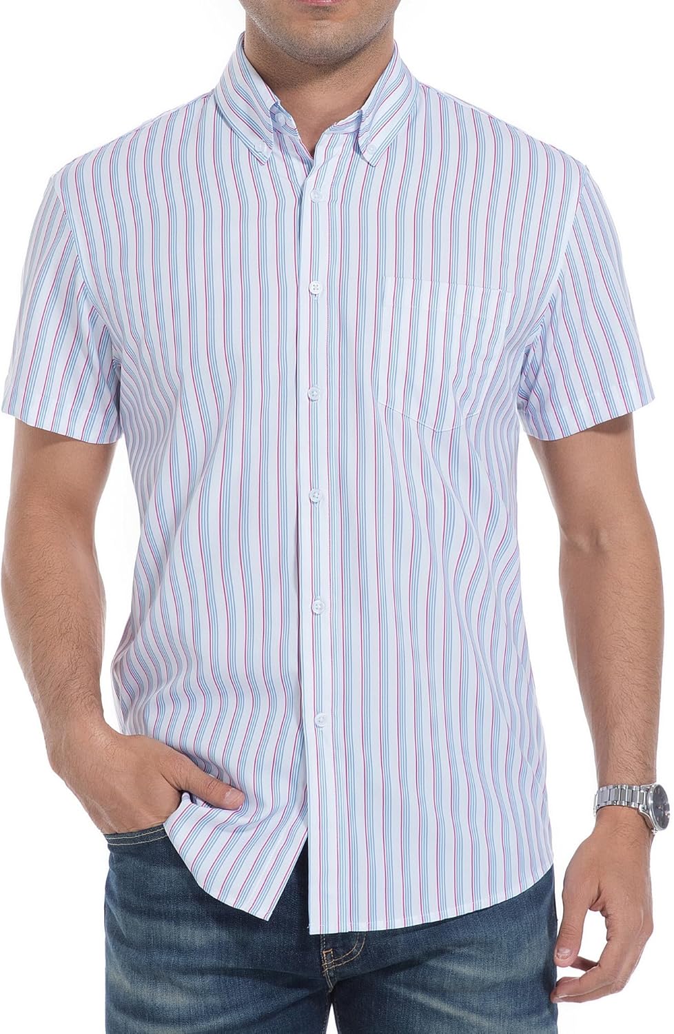 Alex Vando Mens Button Down Shirts Wrinkle Free 4-Way Stretch Short Sleeve Business Casual Shirt