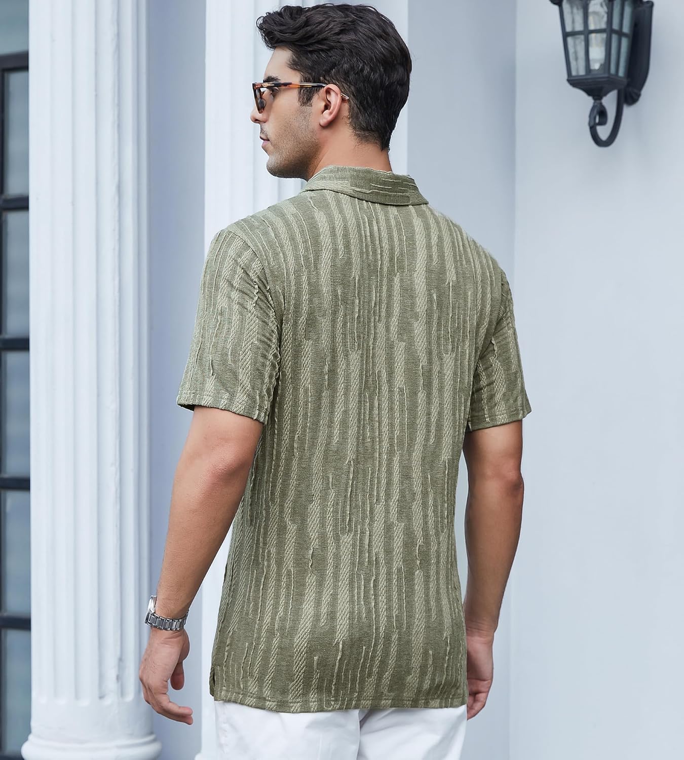 Alex Vando Mens Jacquard Kint Polo Shirts Short Sleeve Vintage Regular Fit Texture Knitted Polo Shirts with Collar