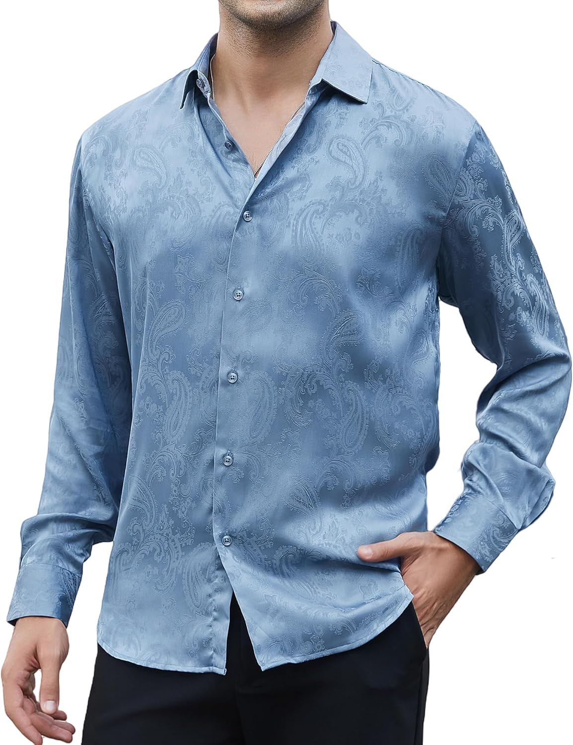 Alex Vando Mens Luxury Satin Dress Shirt Long Sleeve Silk Shiny Sateen Party Shirt